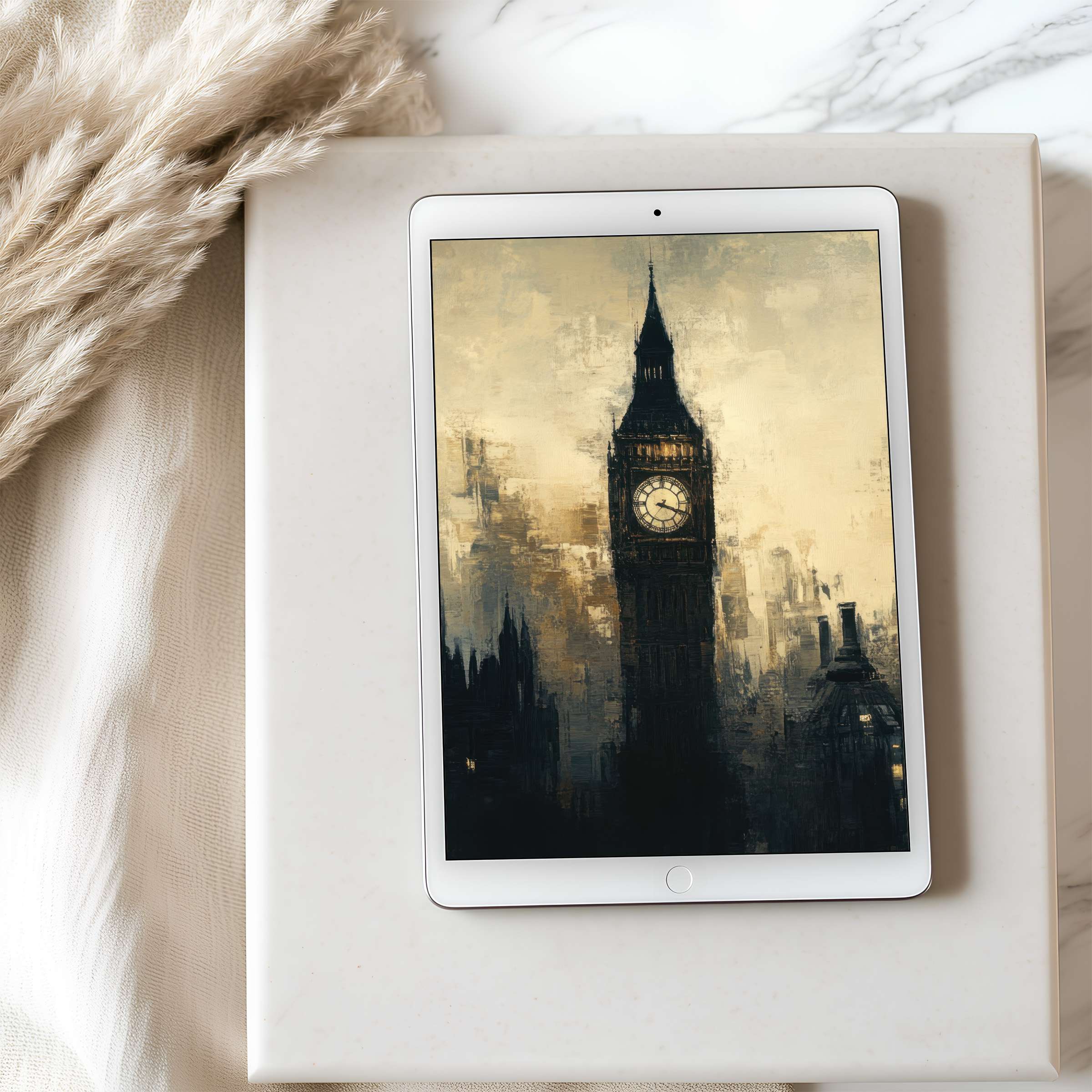 Elegant tablet wallpaper depicting a moody, abstract Big Ben painting in high resolution, perfect for iPad and Android tablets