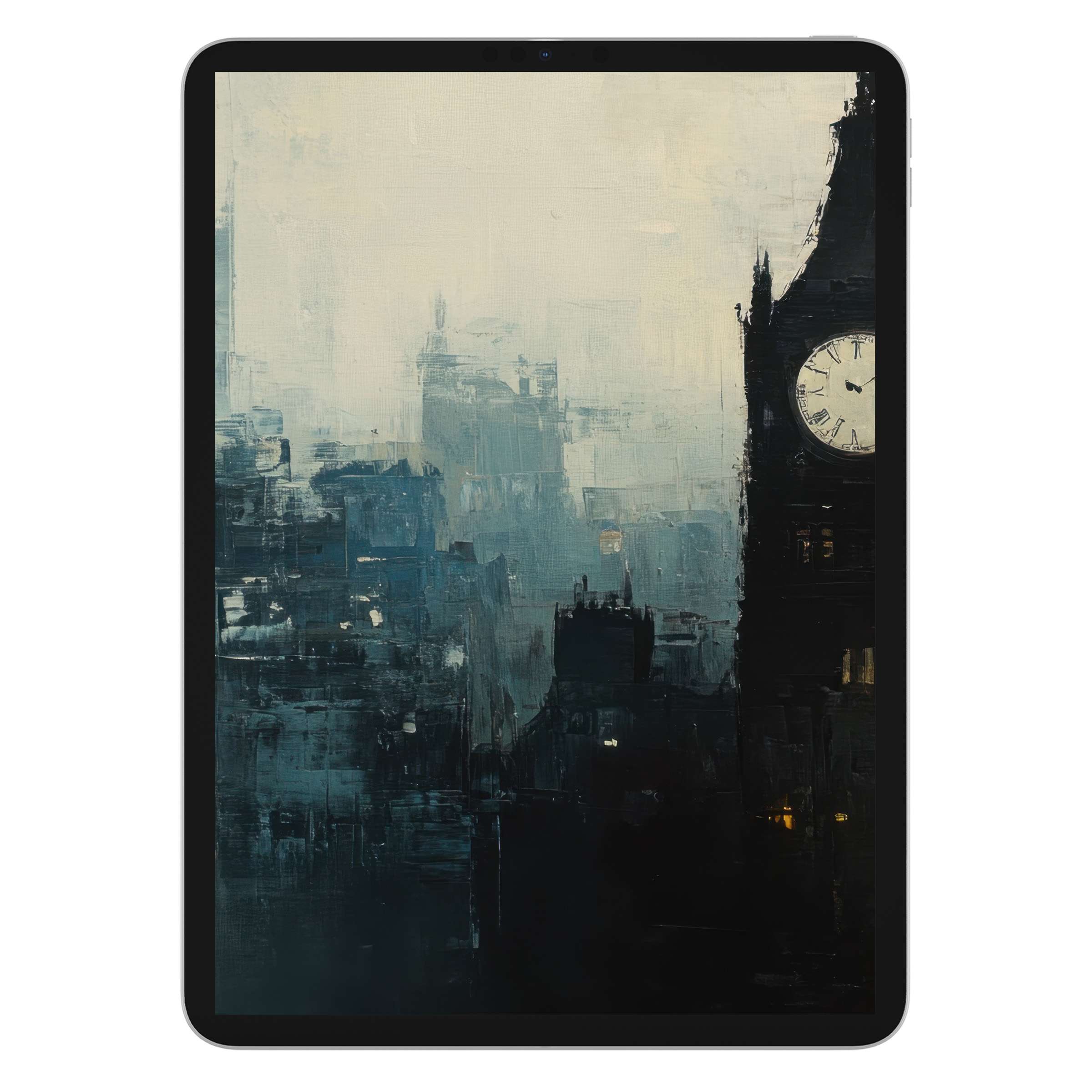 Elegant urban art iPad wallpaper featuring a moody cityscape in blues and grays, perfect tablet background digital download for style