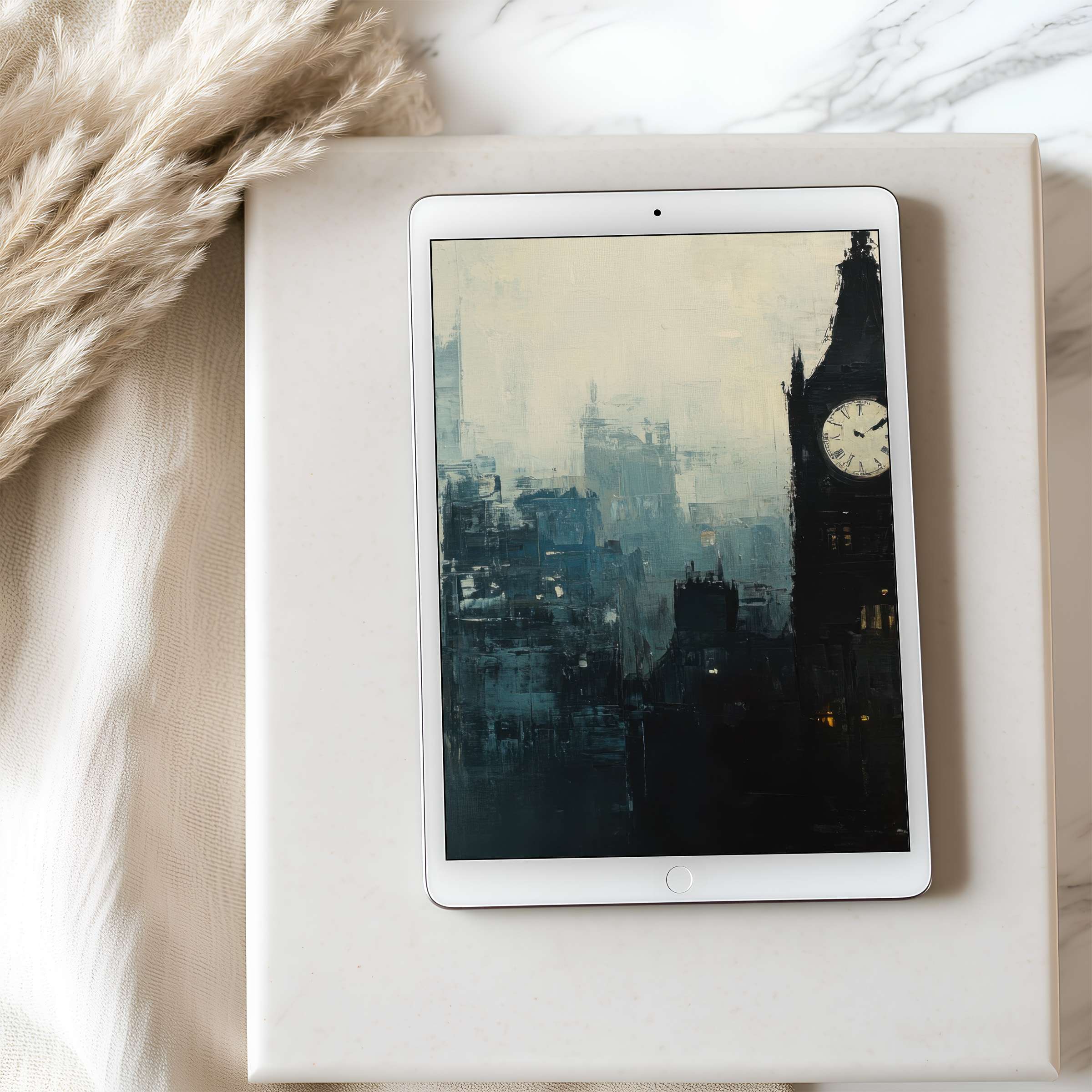 Elegant cityscape tablet wallpaper in calming blues and grays, perfect for iPad and Android High-resolution digital download