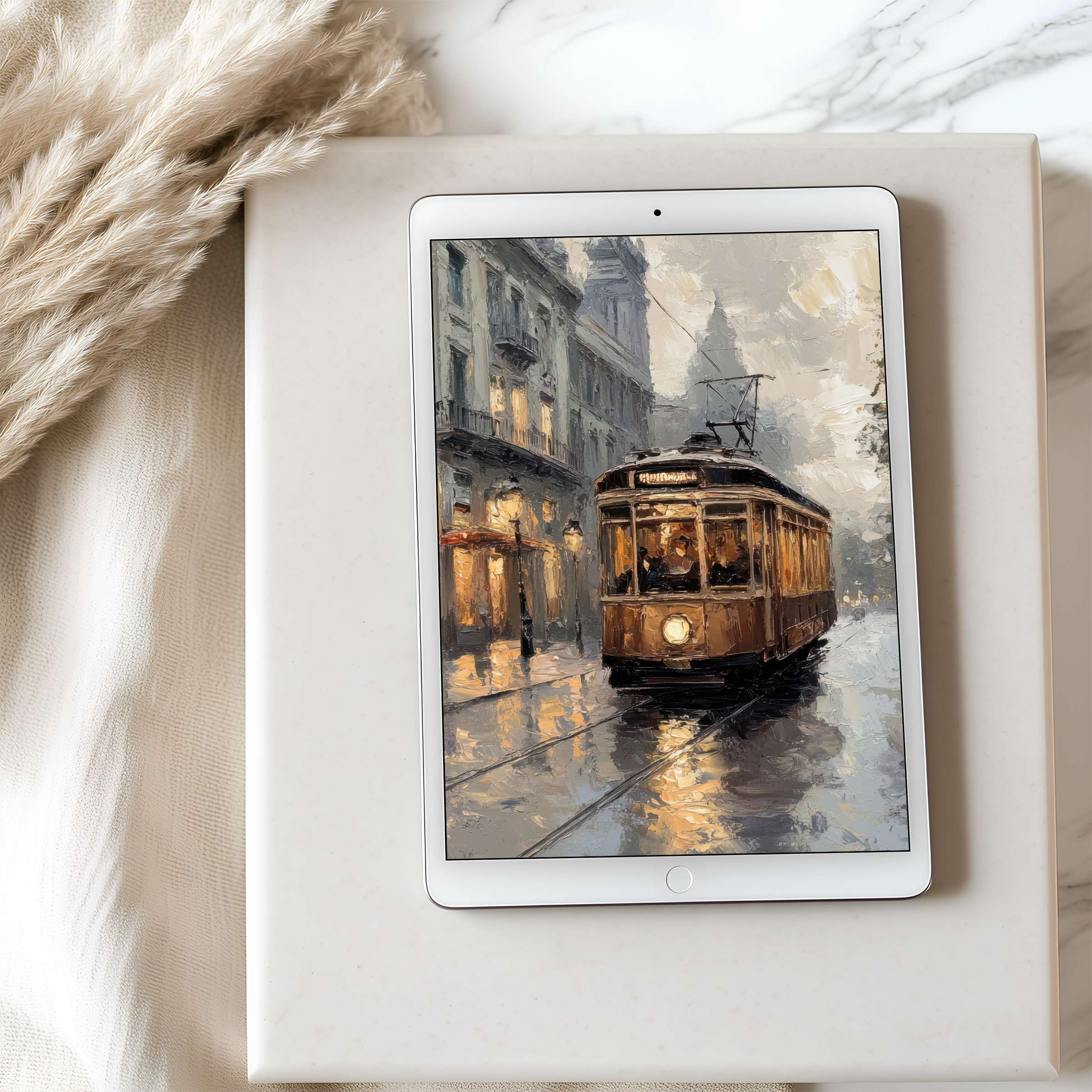 Tranquil evening cityscape tablet wallpaper with elegant brown tram in oil painting style perfect for high resolution iPad download