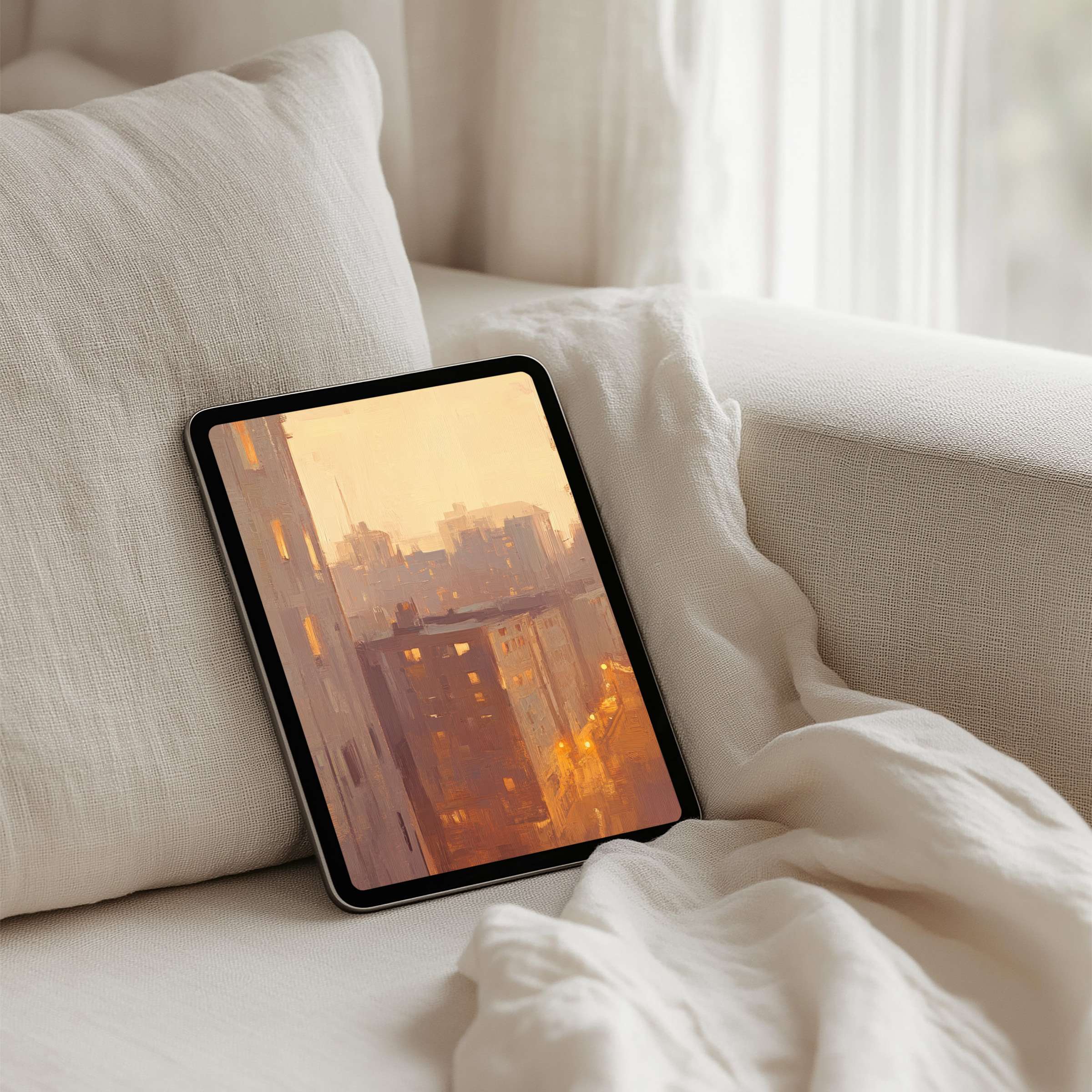 Elegant cityscape iPad background inspires mindfulness with warm hues for tablet users seeking calm and instant download serenity
