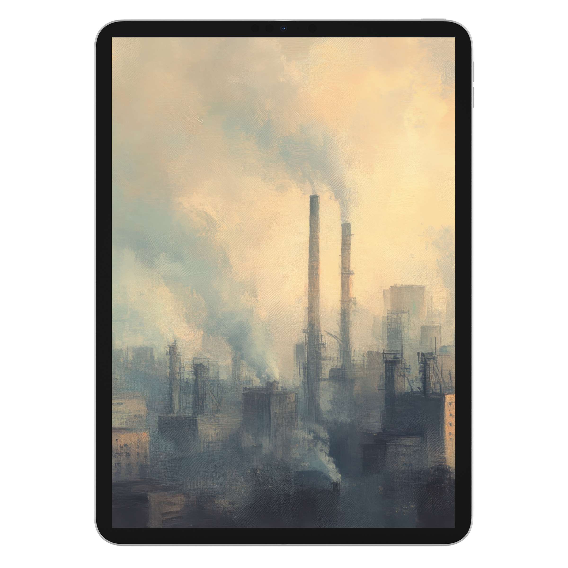 Urban art iPad wallpaper digital download featuring an impressionist cityscape with smoky hues, perfect background for tablets seeking elegance