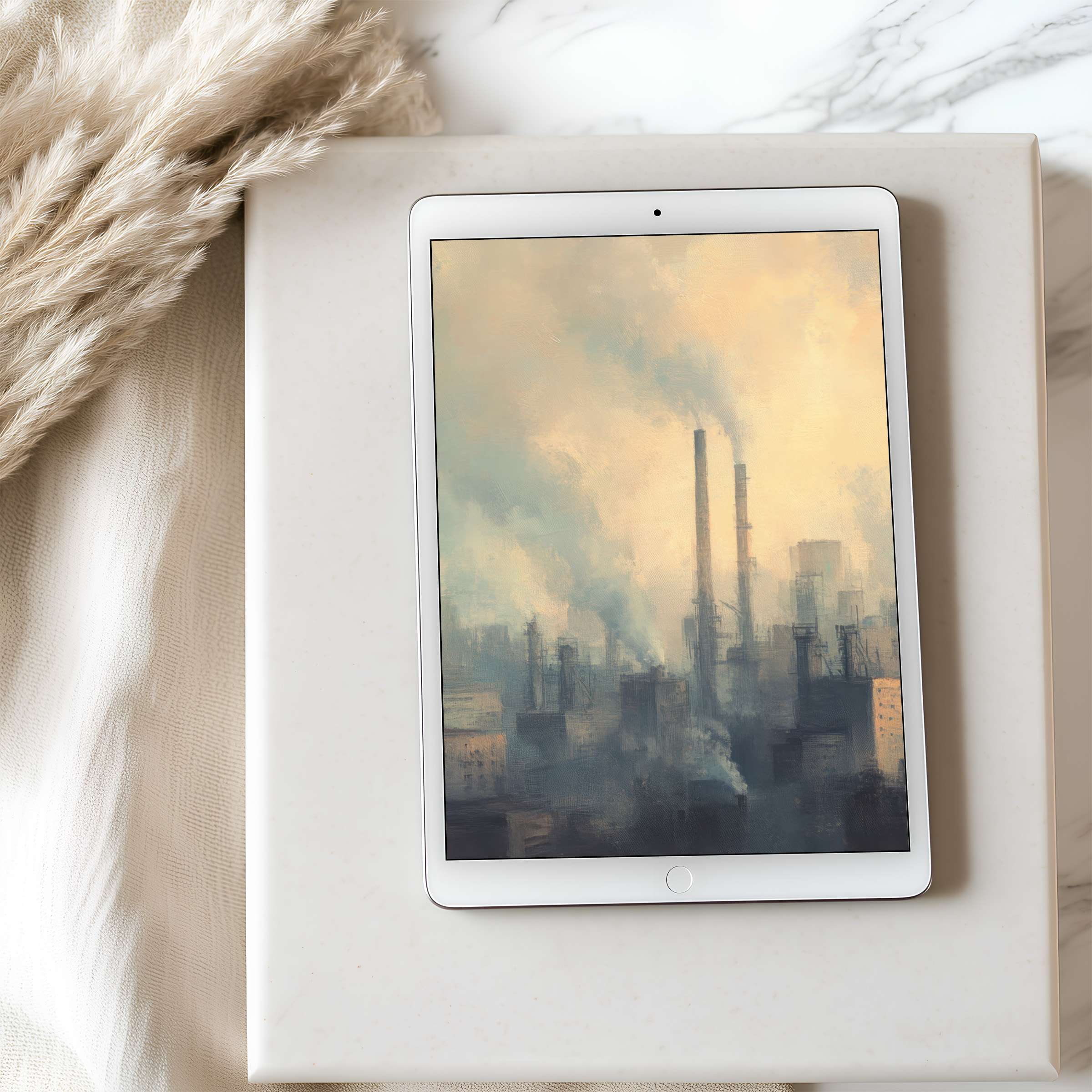 Elegant tablet wallpaper featuring calming industrial skyline in soft tones, perfect for iPad and Android high resolution digital download
