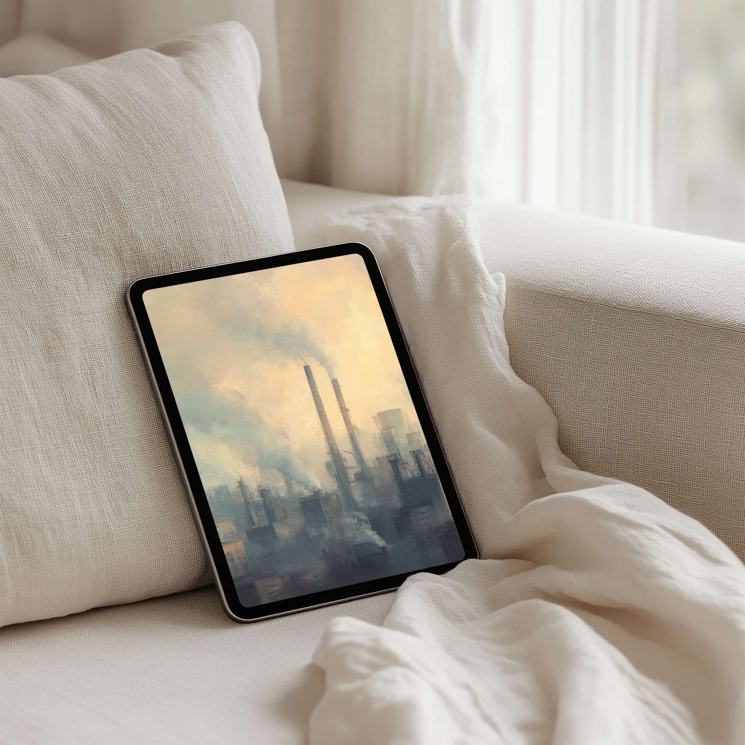 Calm industrial skyline iPad background, perfect for tablet tranquility and instant download, enhancing elegance and mindfulness