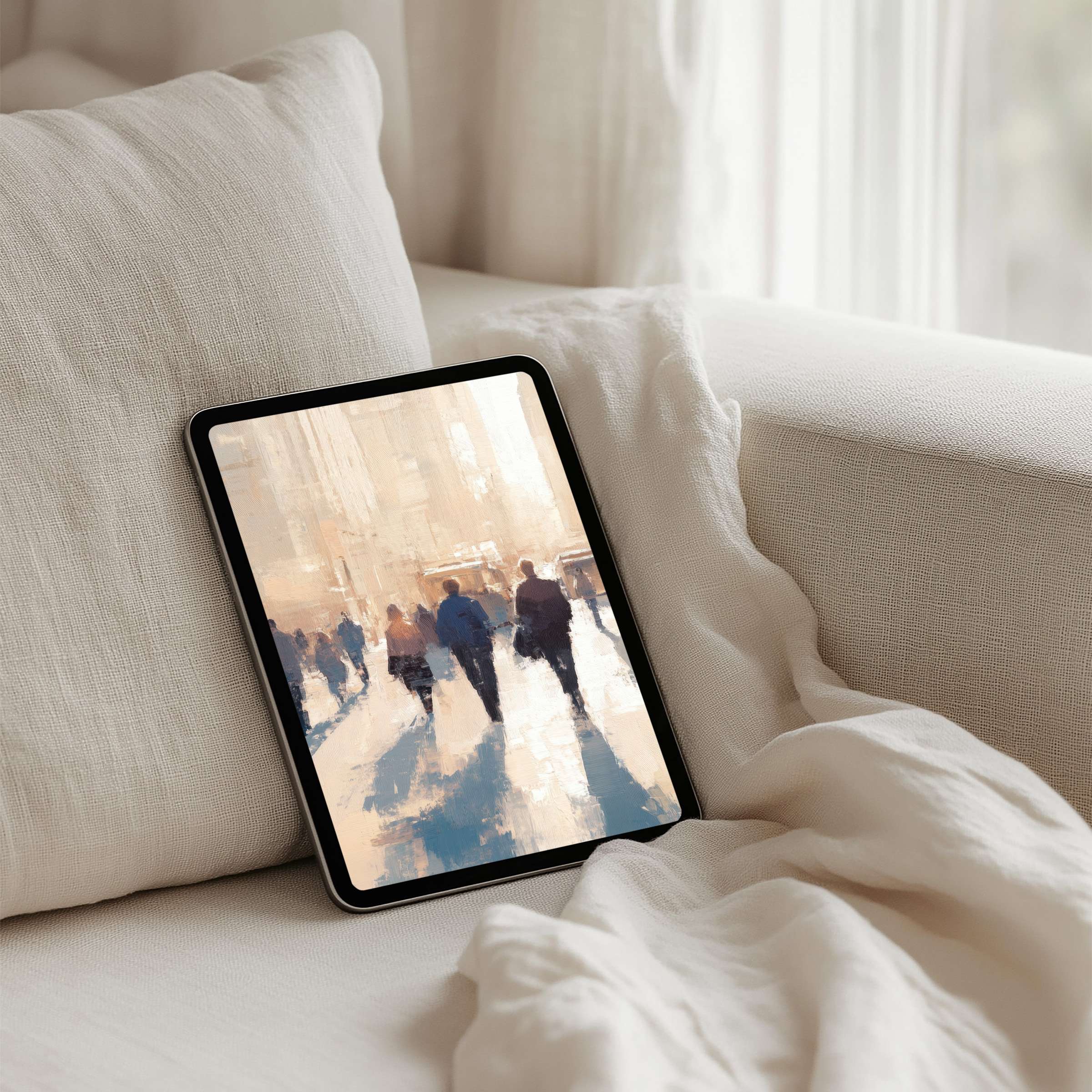 Elegant watercolor cityscape iPad background for instant download evokes calmness and inspiration on any tablet device