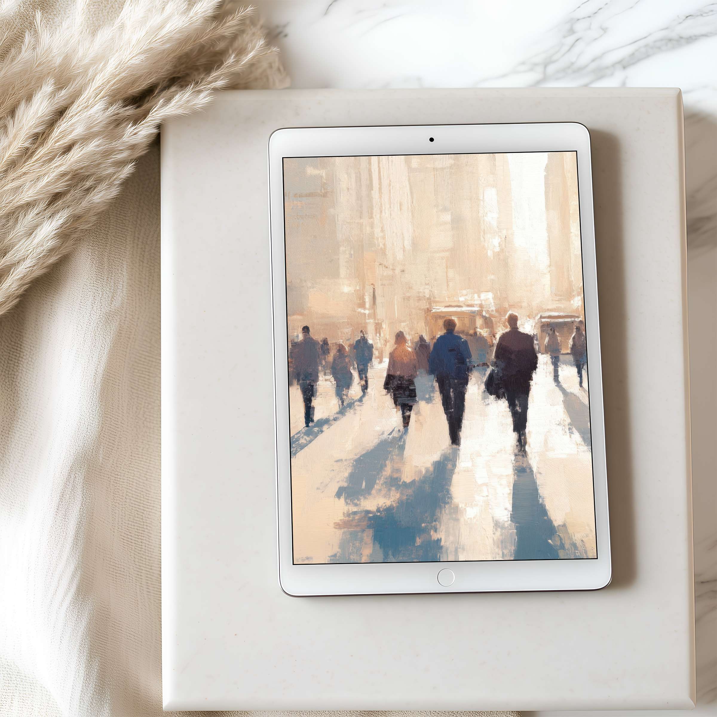 High-resolution tablet wallpaper featuring elegant silhouettes in warm urban tones, ideal for iPad and Android download, enhancing tranquility