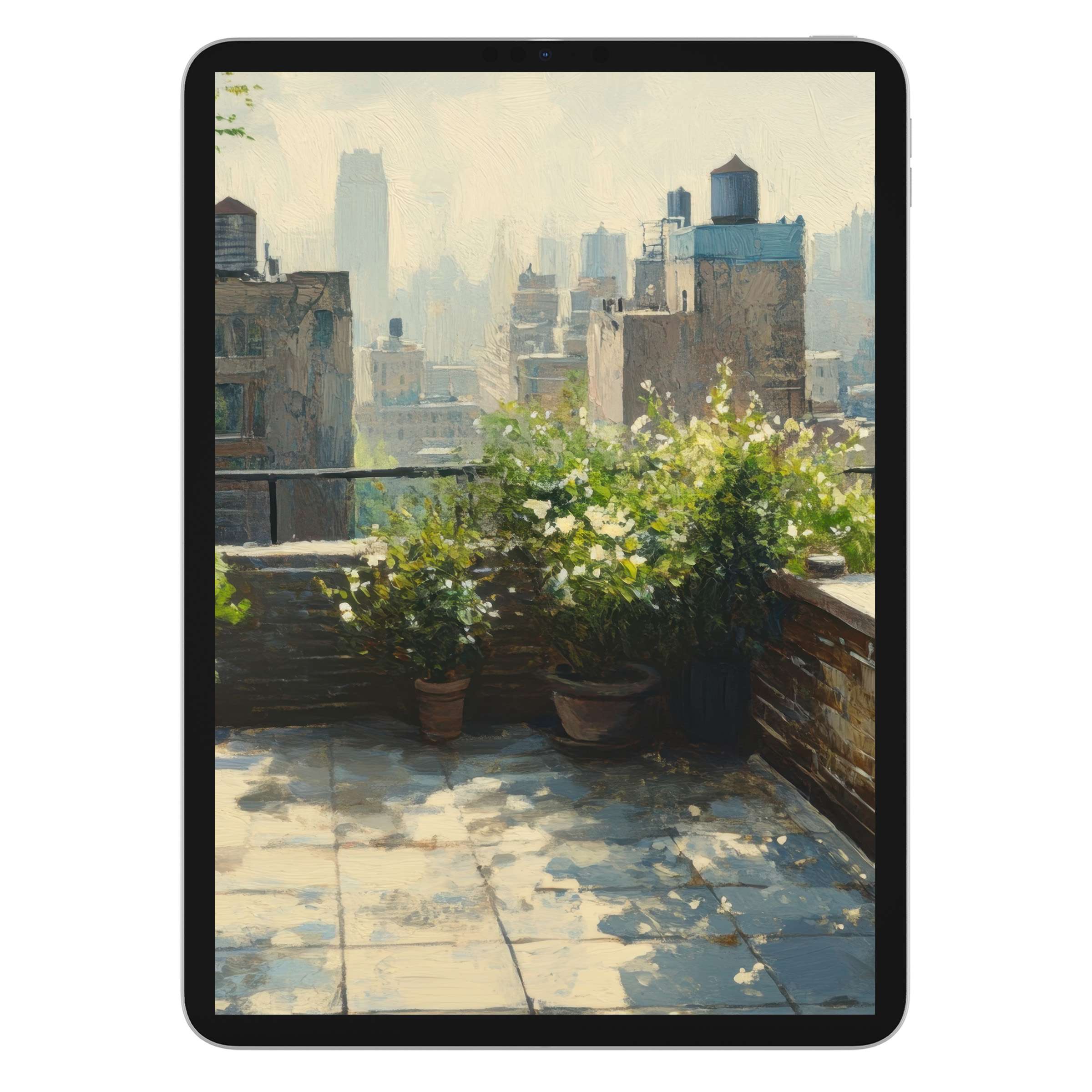 Urban art iPad wallpaper with serene rooftop garden view, ideal for tablet background, offering a digital download for tranquility