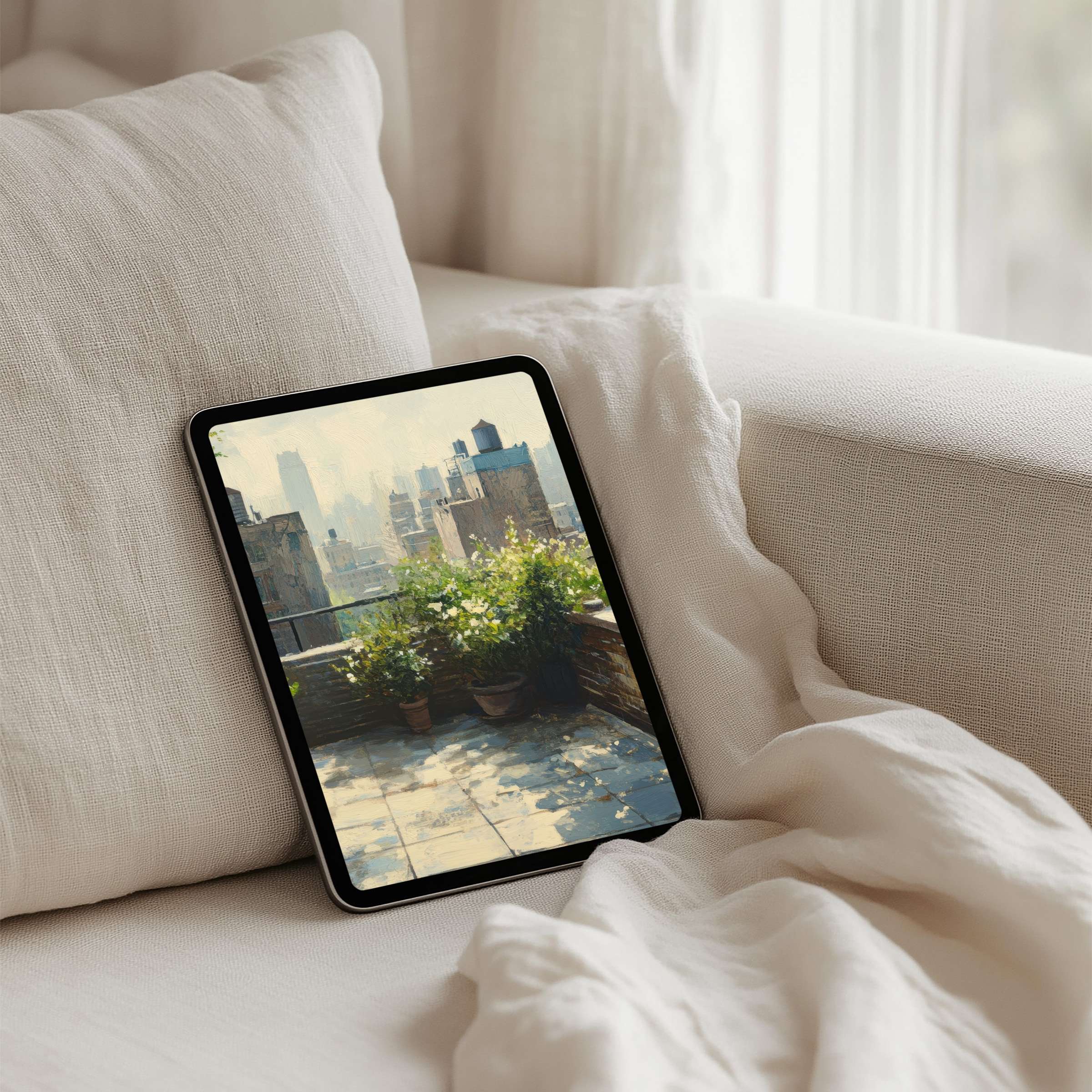Elegant terrace view on iPad background inspires calm and mindfulness perfect as an instant download for any tablet device