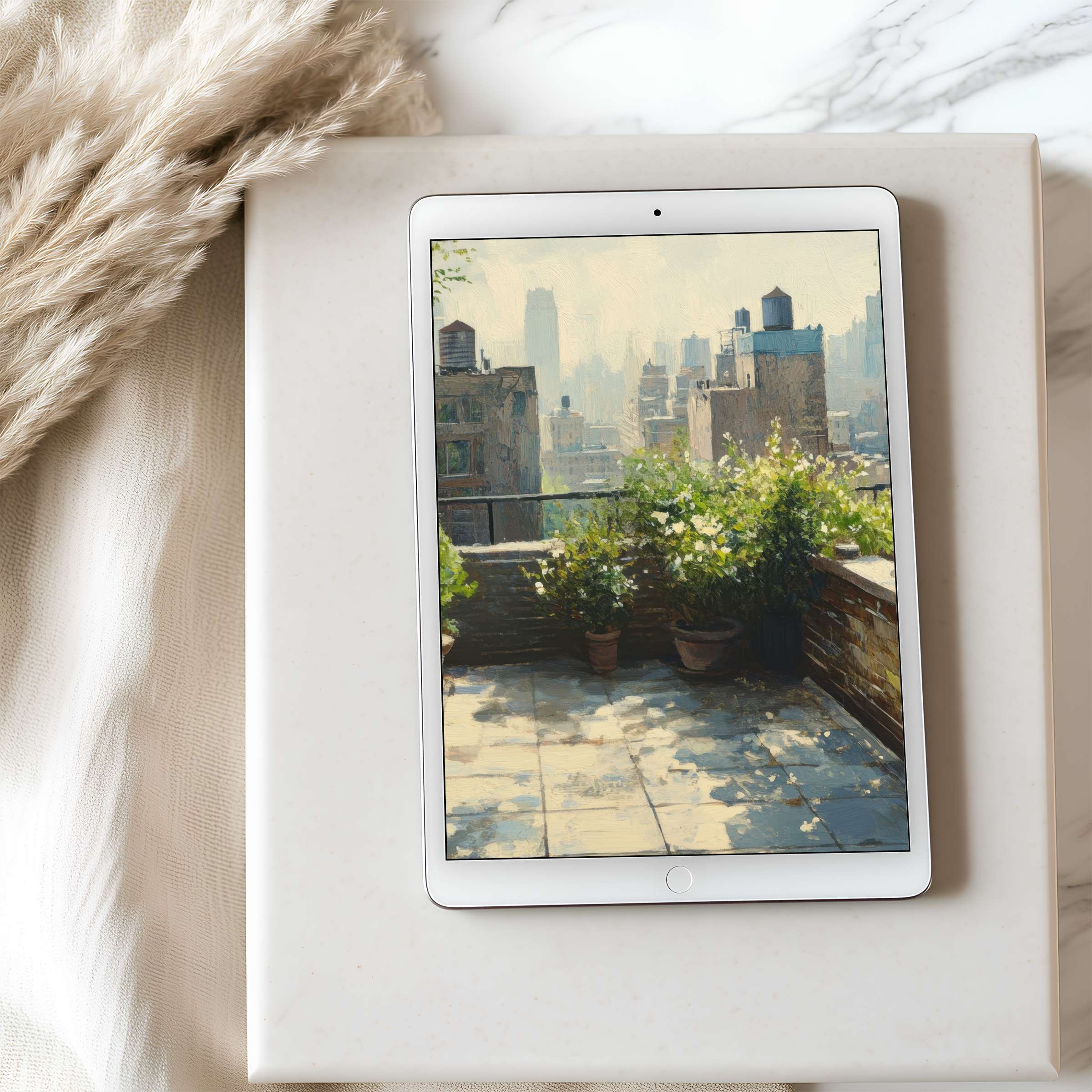 Elegant tablet wallpaper showcasing a serene cityscape with lush greenery, perfect for high-resolution iPad displays and Android downloads