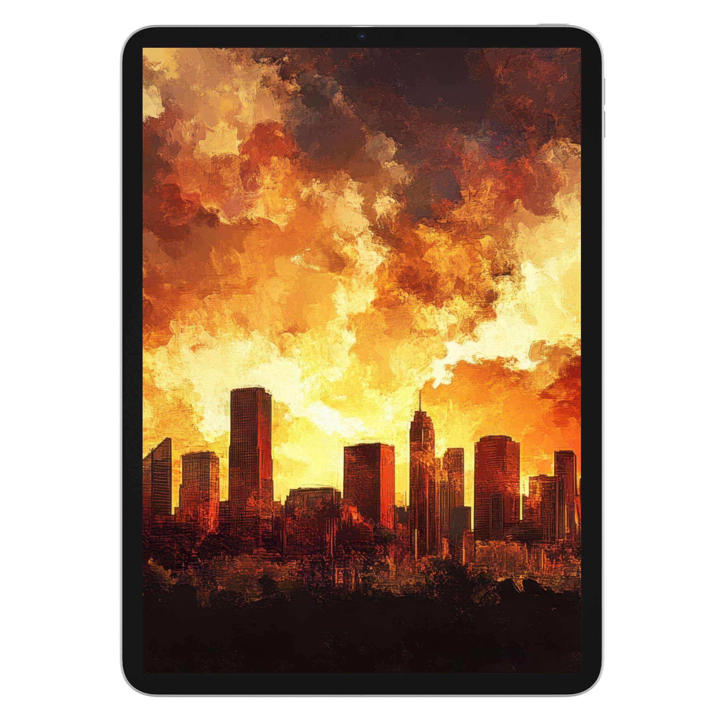 Vibrant urban art iPad wallpaper featuring a fiery abstract skyline, perfect digital download tablet background for creative inspiration