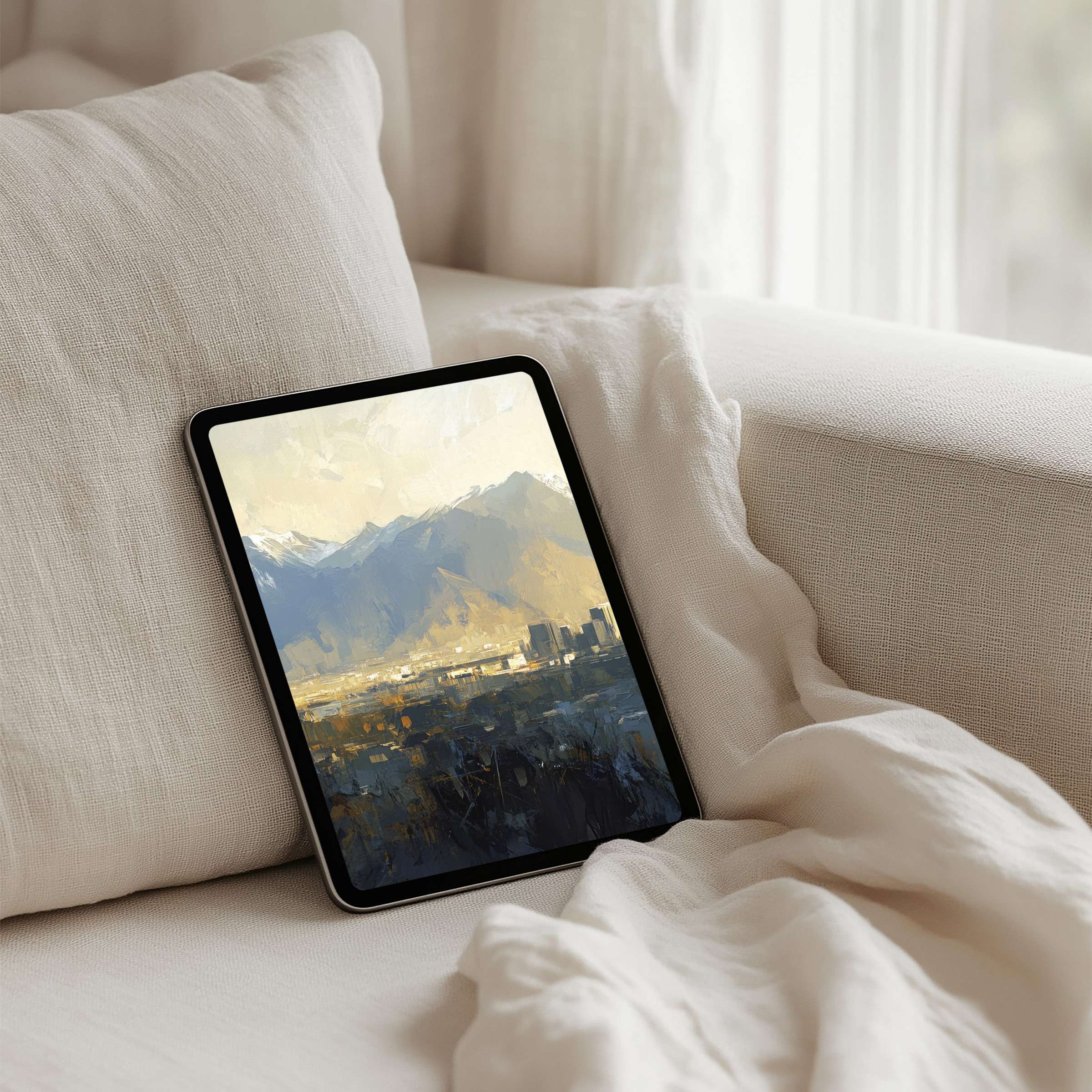 Serene mountain landscape digital art adds calm and elegance to any iPad background or tablet with instant download available