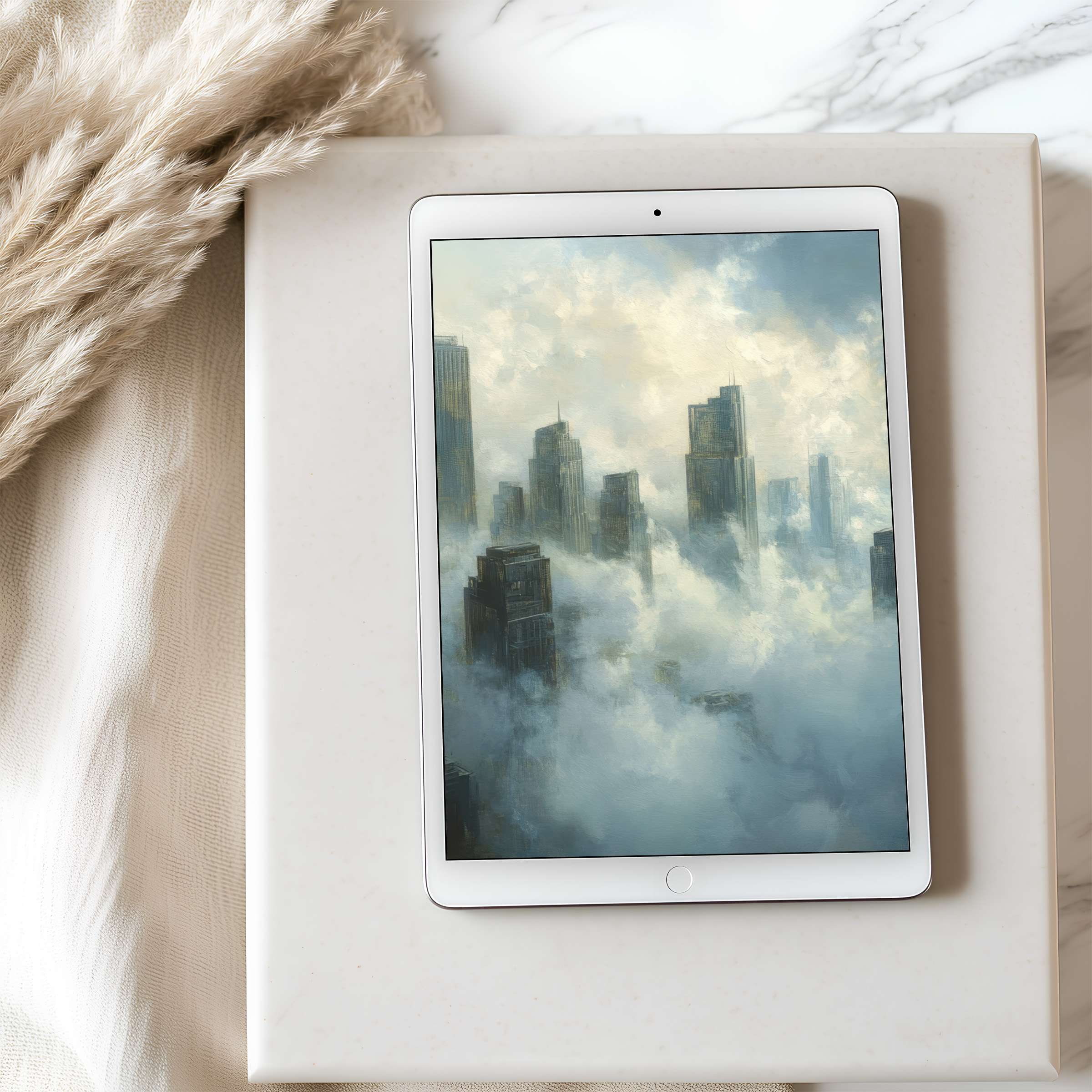 Elegant cityscape tablet wallpaper in soft blues and whites, offering high resolution for iPad, perfect for serene digital downloads