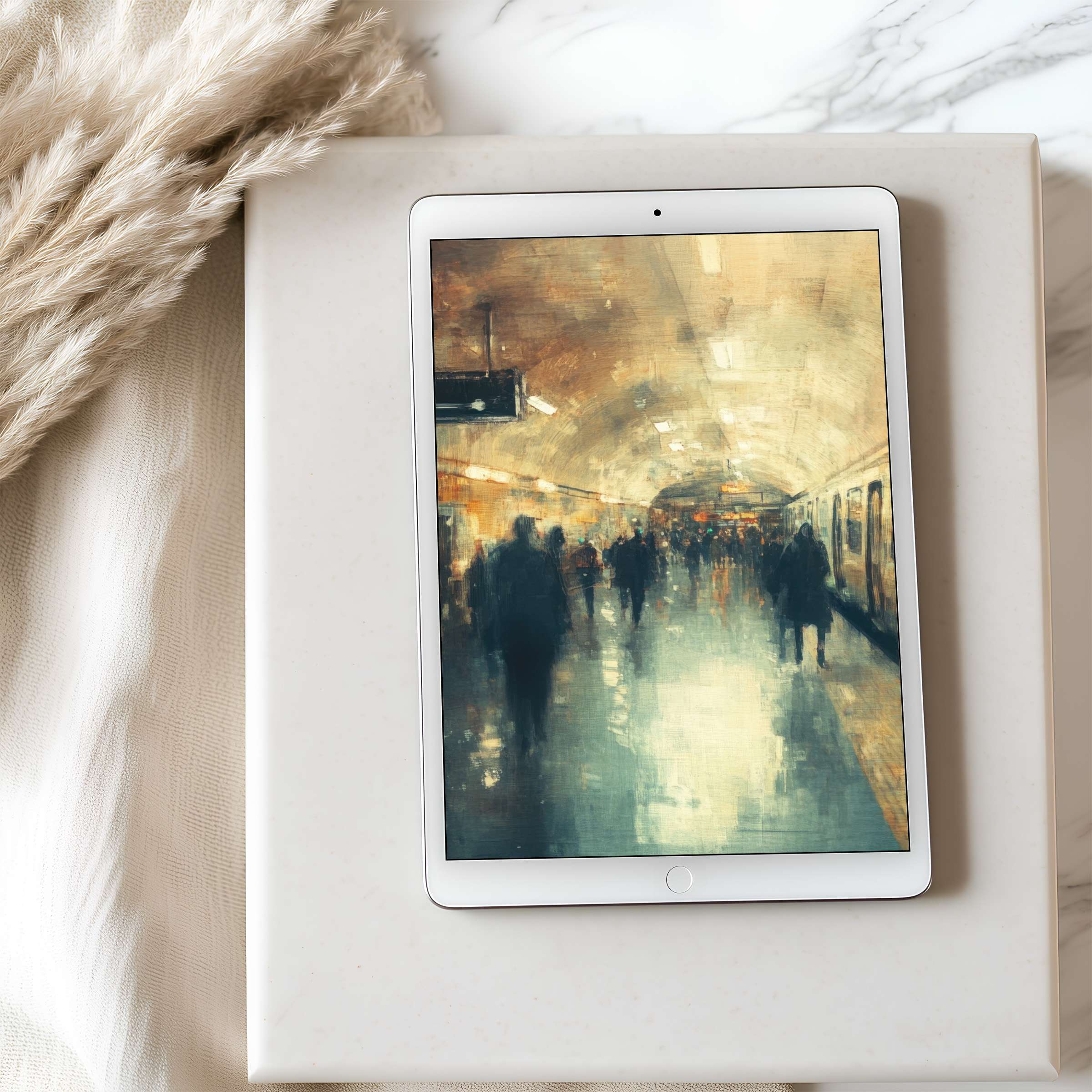 Elegant urban scene on tablet wallpaper, high resolution digital art for iPad and Android, perfect for tranquil interiors