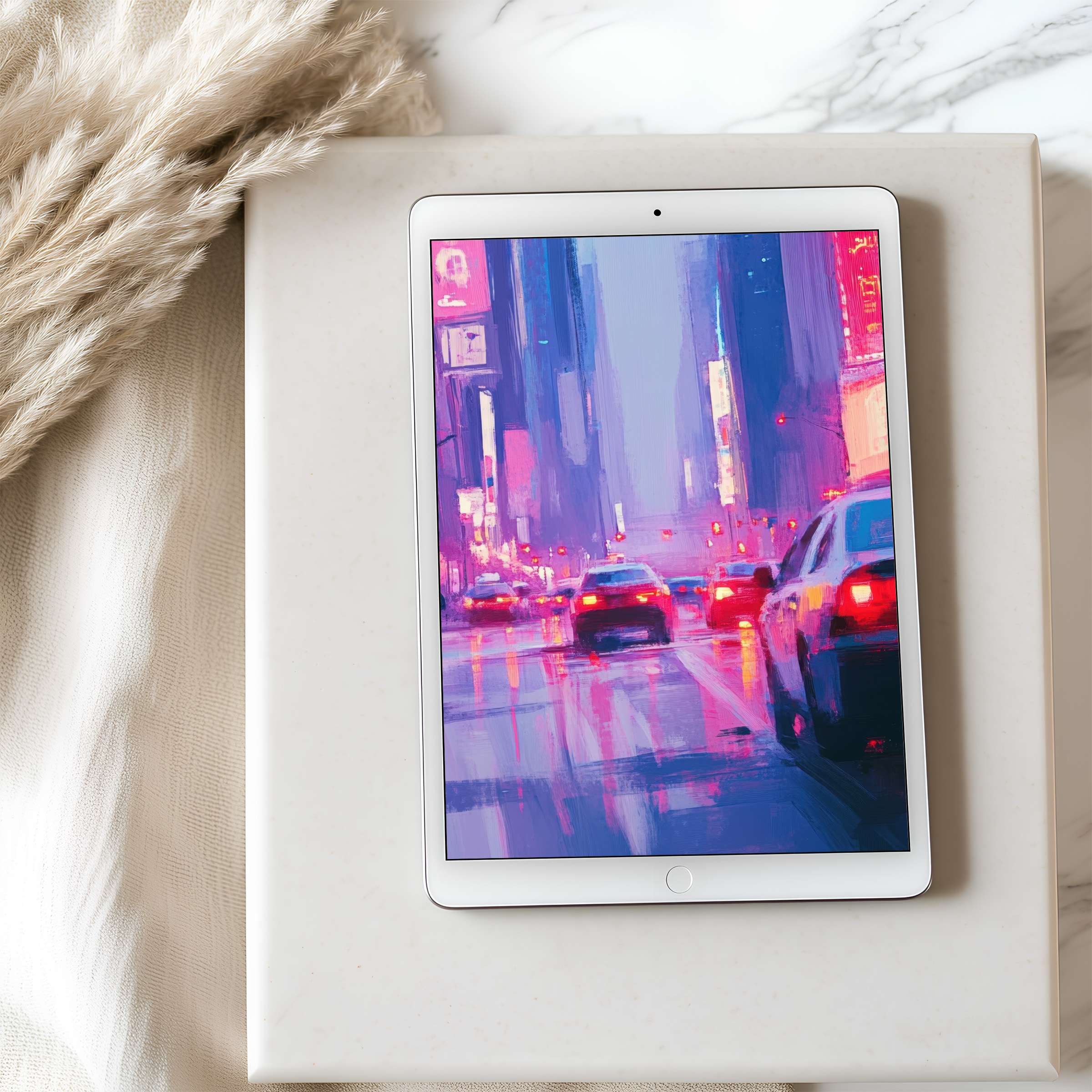 Vibrant urban scene tablet wallpaper in high resolution conveys tranquility and elegance, perfect for iPad and Android digital download