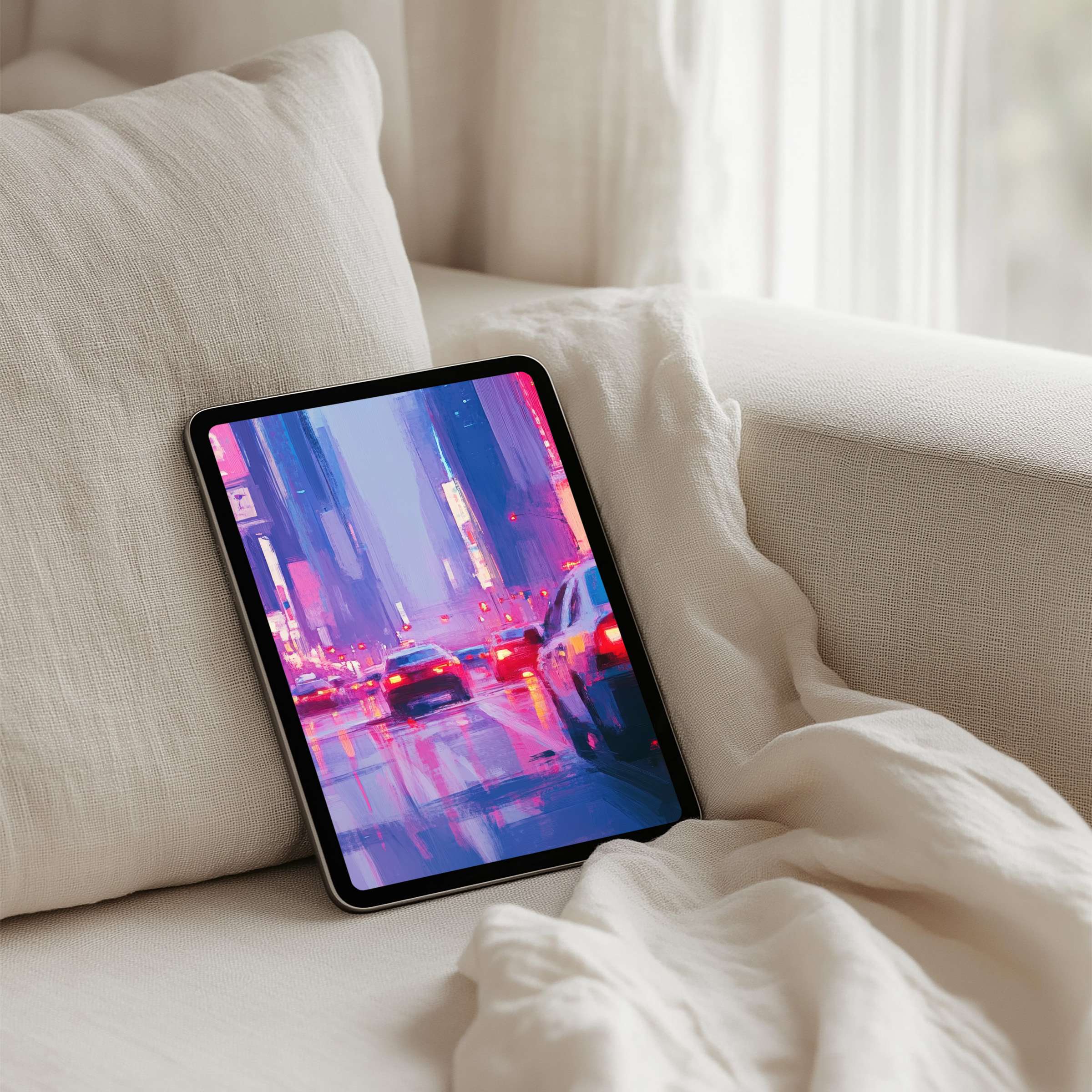 Elegant iPad background with vibrant cityscape in calming pastels offers instant download for your tablet inspiration
