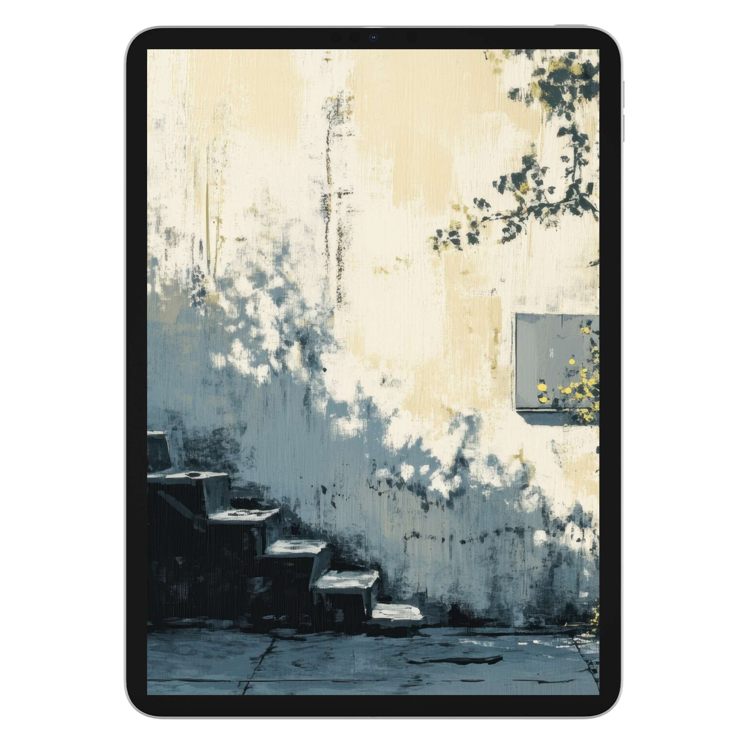 Urban art iPad wallpaper featuring shadowed stairs and textured wall evokes tranquility, ideal for tablet background digital download