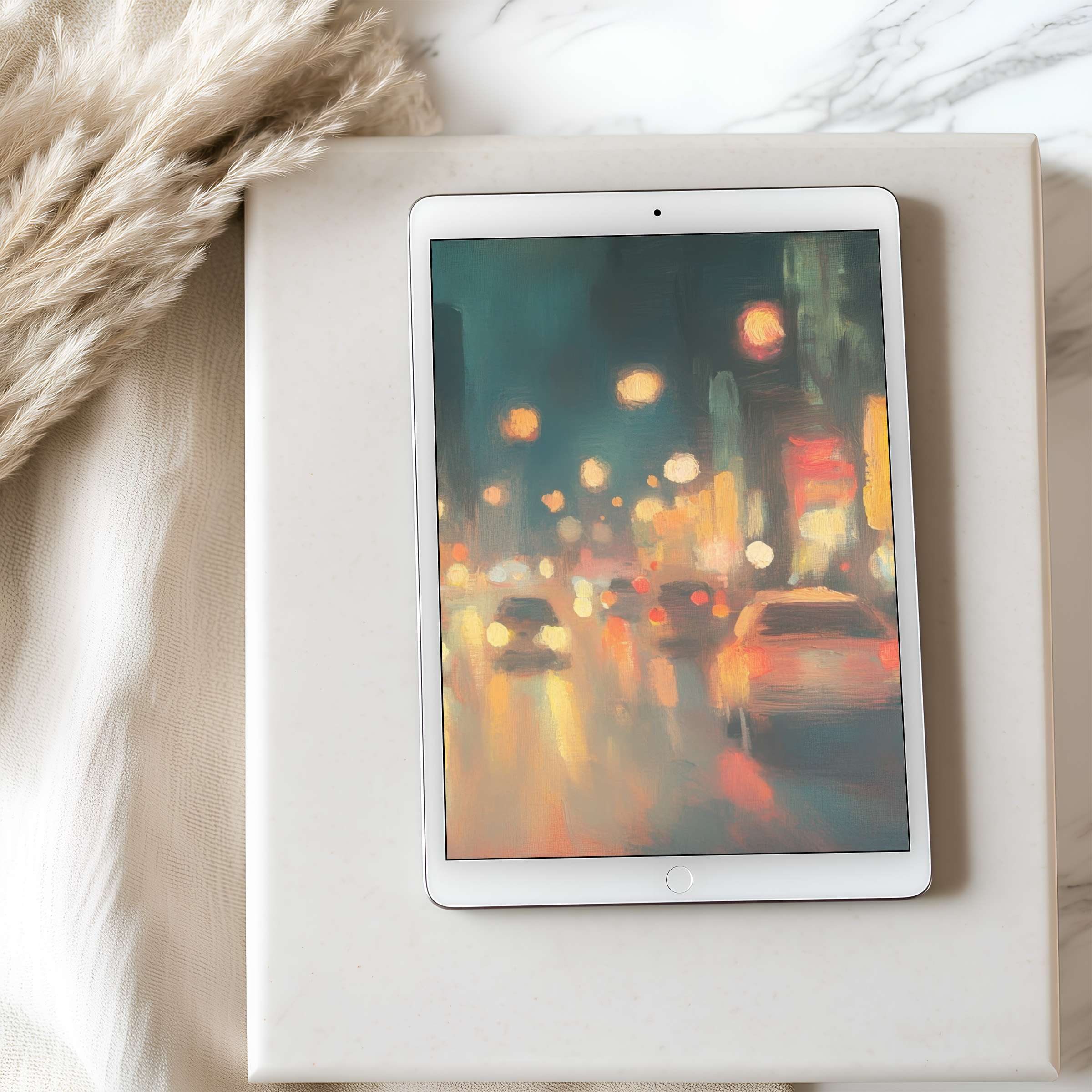 Elegant impressionist cityscape tablet wallpaper in warm tones displayed on tablet, ideal for iPad download to enhance peaceful spaces