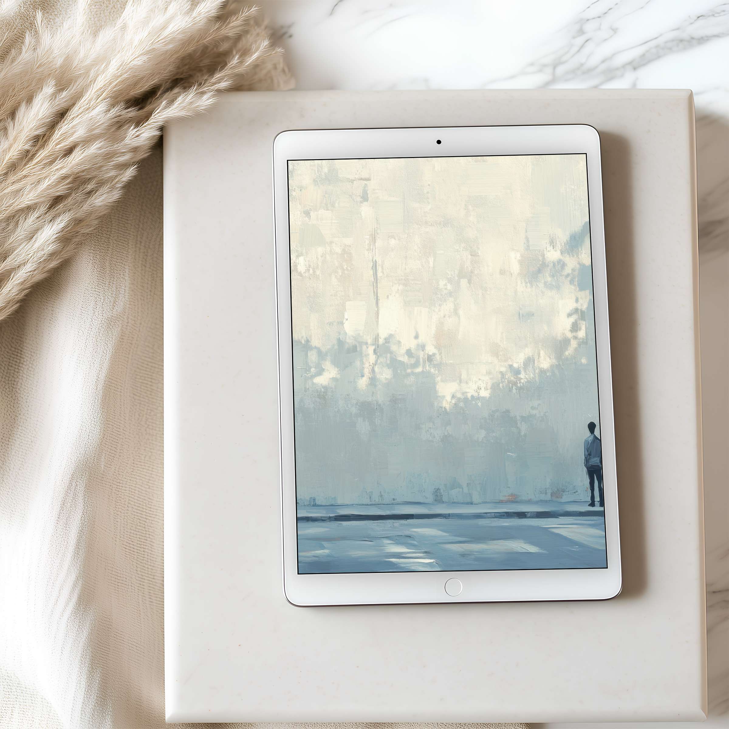 Elegant tablet wallpaper featuring serene abstract art in soft blues and creams ideal for high-resolution digital download on iPad