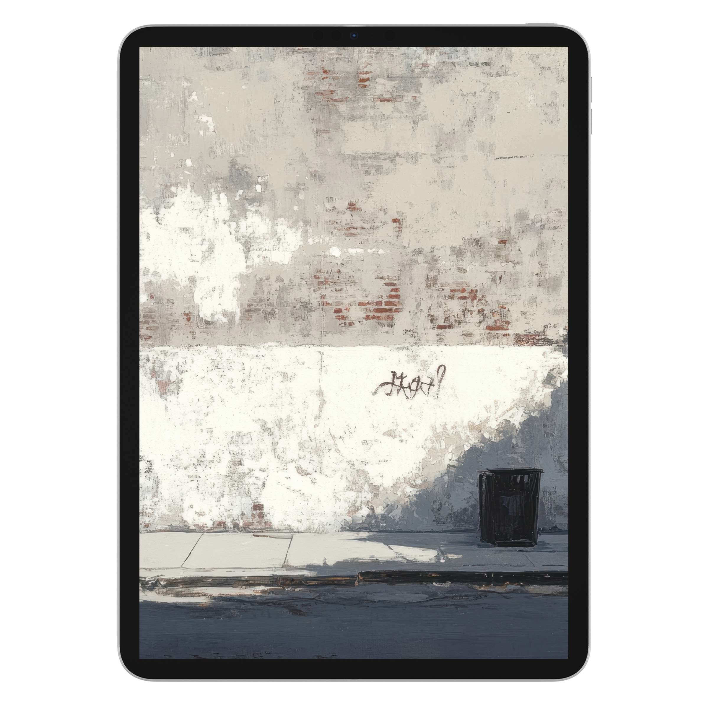 Urban art iPad wallpaper featuring textured beige and white wall with subtle graffiti, perfect digital download for elegant tablet background