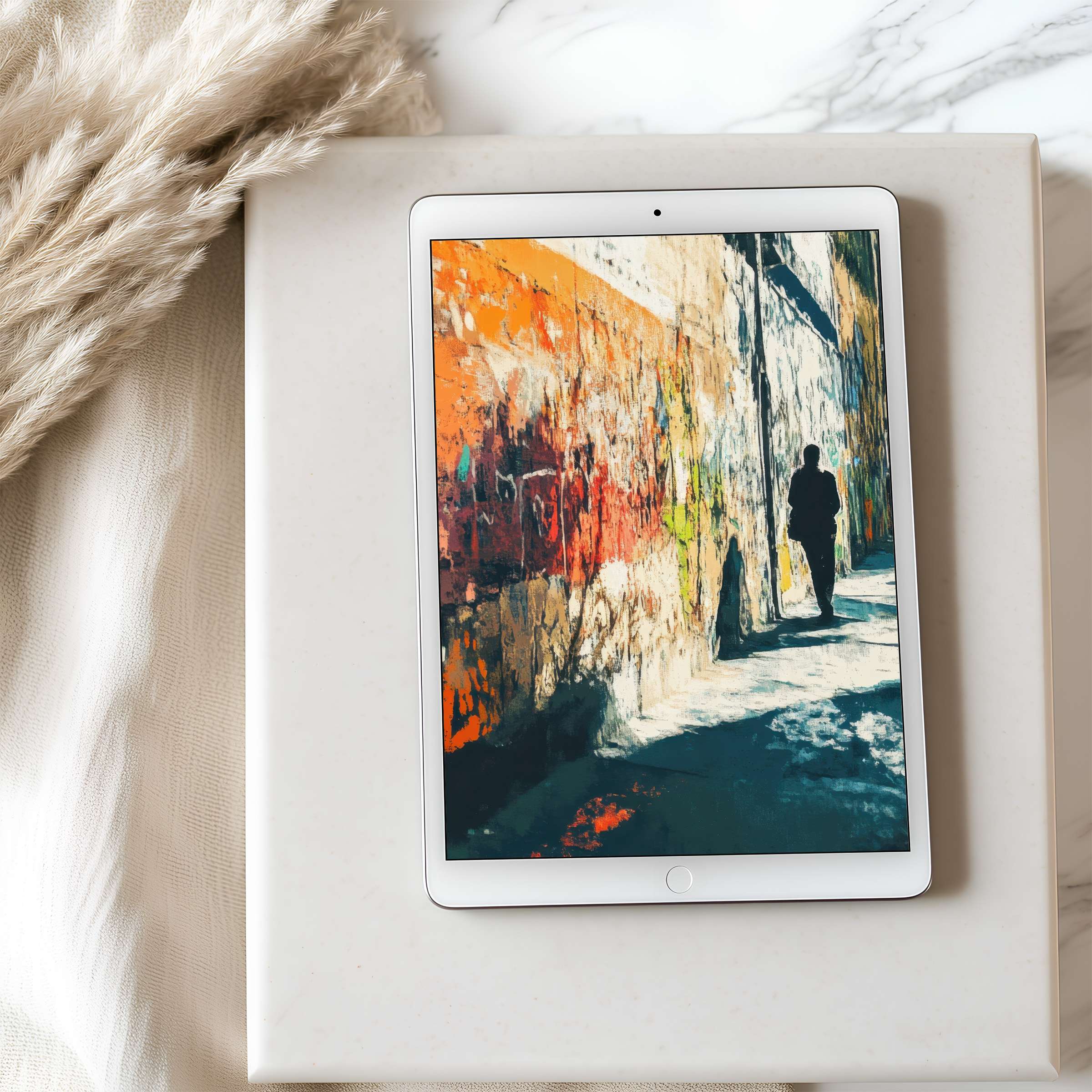 Elegant high-resolution tablet wallpaper featuring abstract street art with warm tones on iPad, perfect for digital download and style