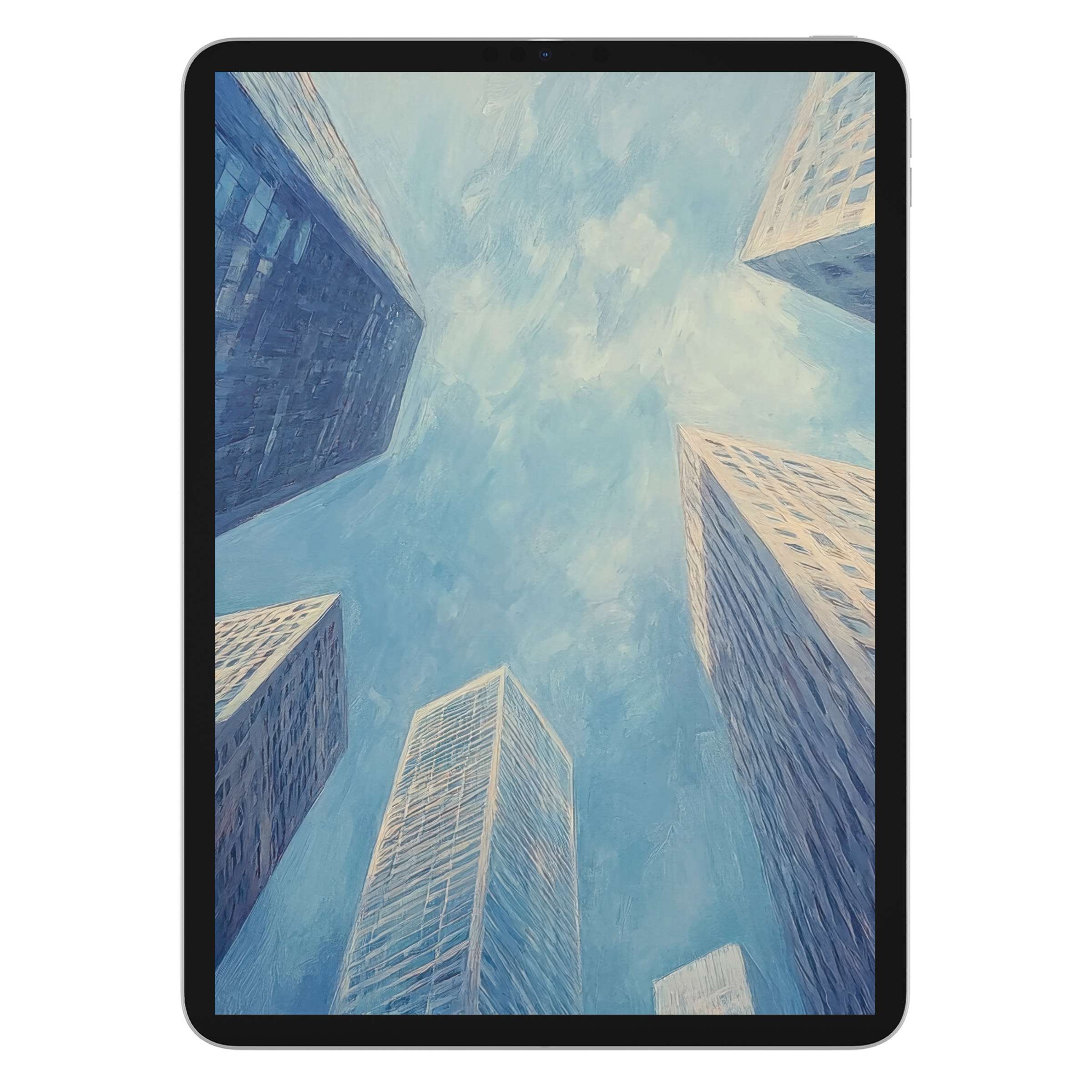 Urban art iPad wallpaper featuring serene blue skyscrapers under a soft sky brushstroke, ideal tablet background digital download