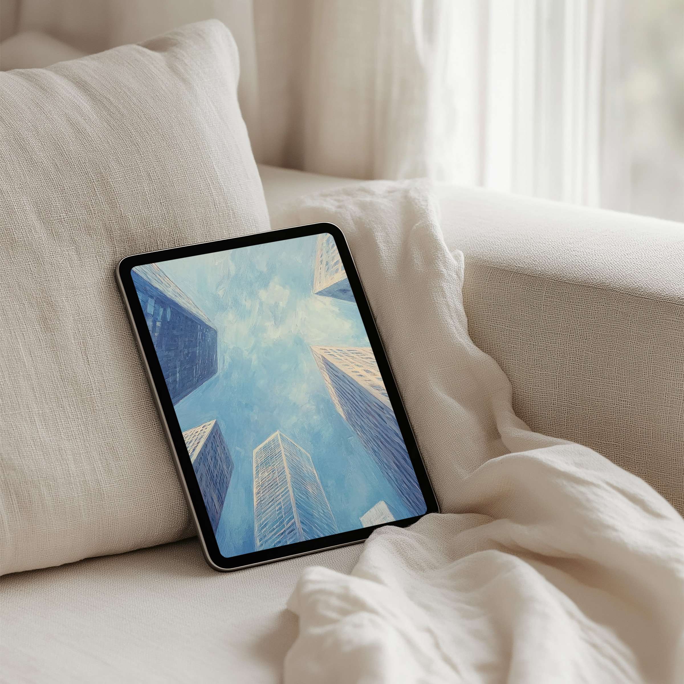 Elegant skyscraper painting iPad background offers instant download for tablets creating a serene, inspiring digital art experience