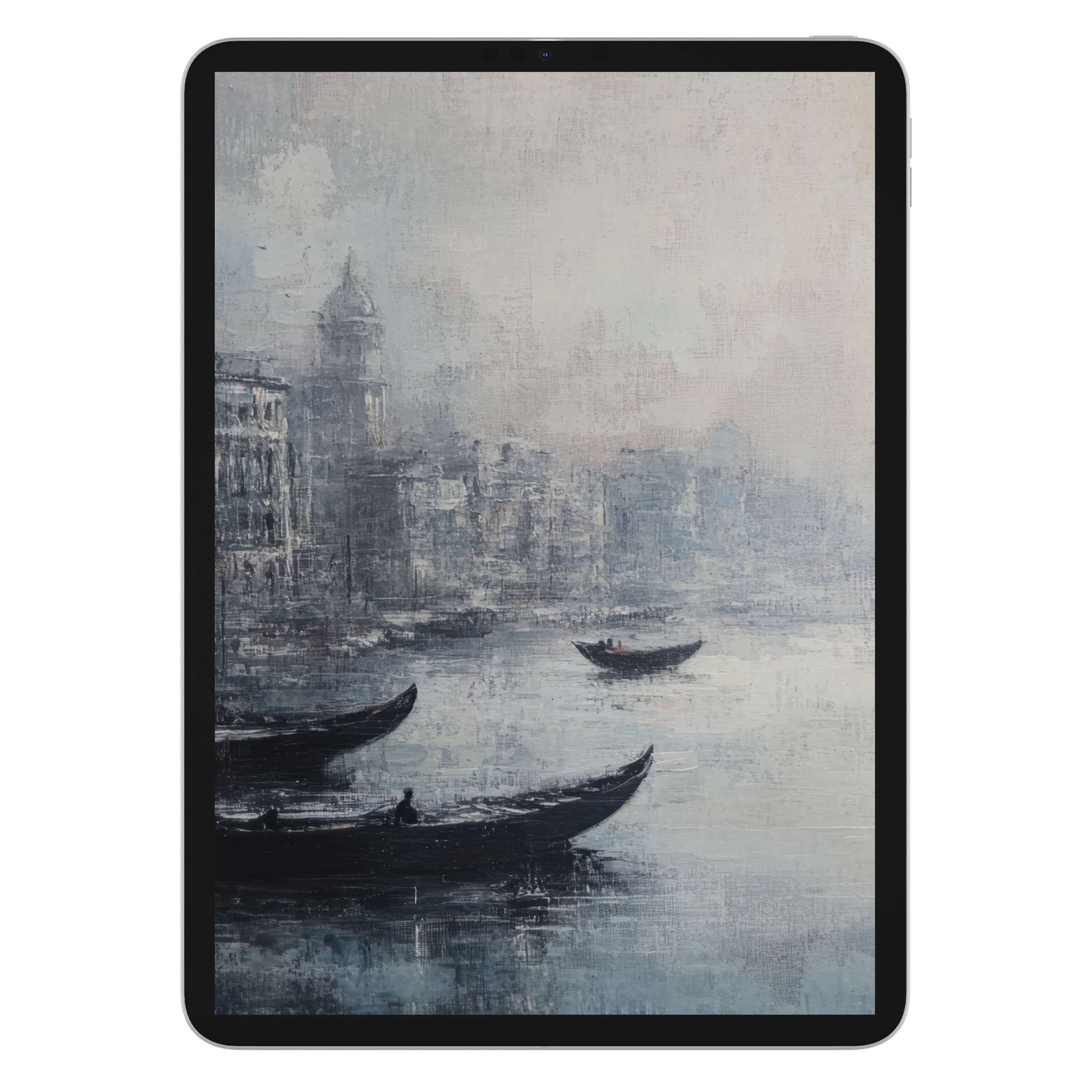 Serene urban art iPad wallpaper with misty canals and boats, perfect tablet background digital download for modern elegance