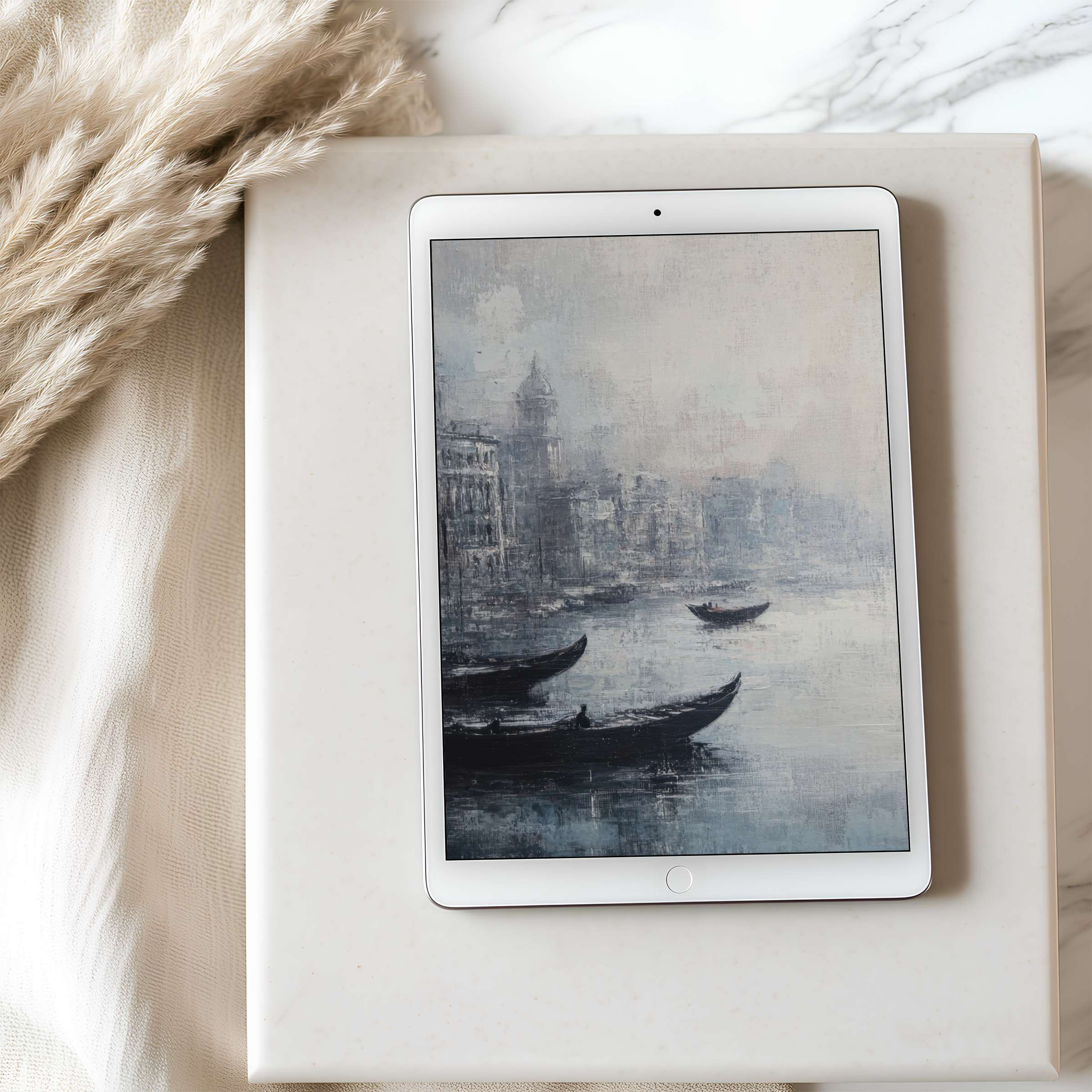 Elegant tablet wallpaper showcasing serene gondolas in misty gray hues, perfect for high-resolution iPad or Android digital download