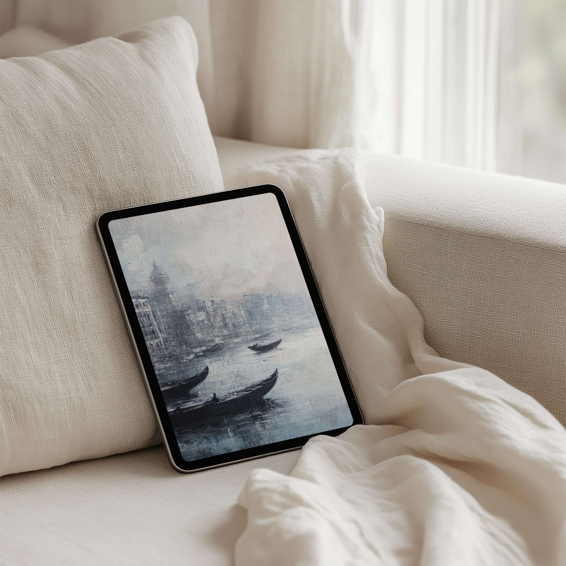 Serene gray-blue watercolor city scene iPad background for instant download fitting for tablet elegance and mindful digital decor
