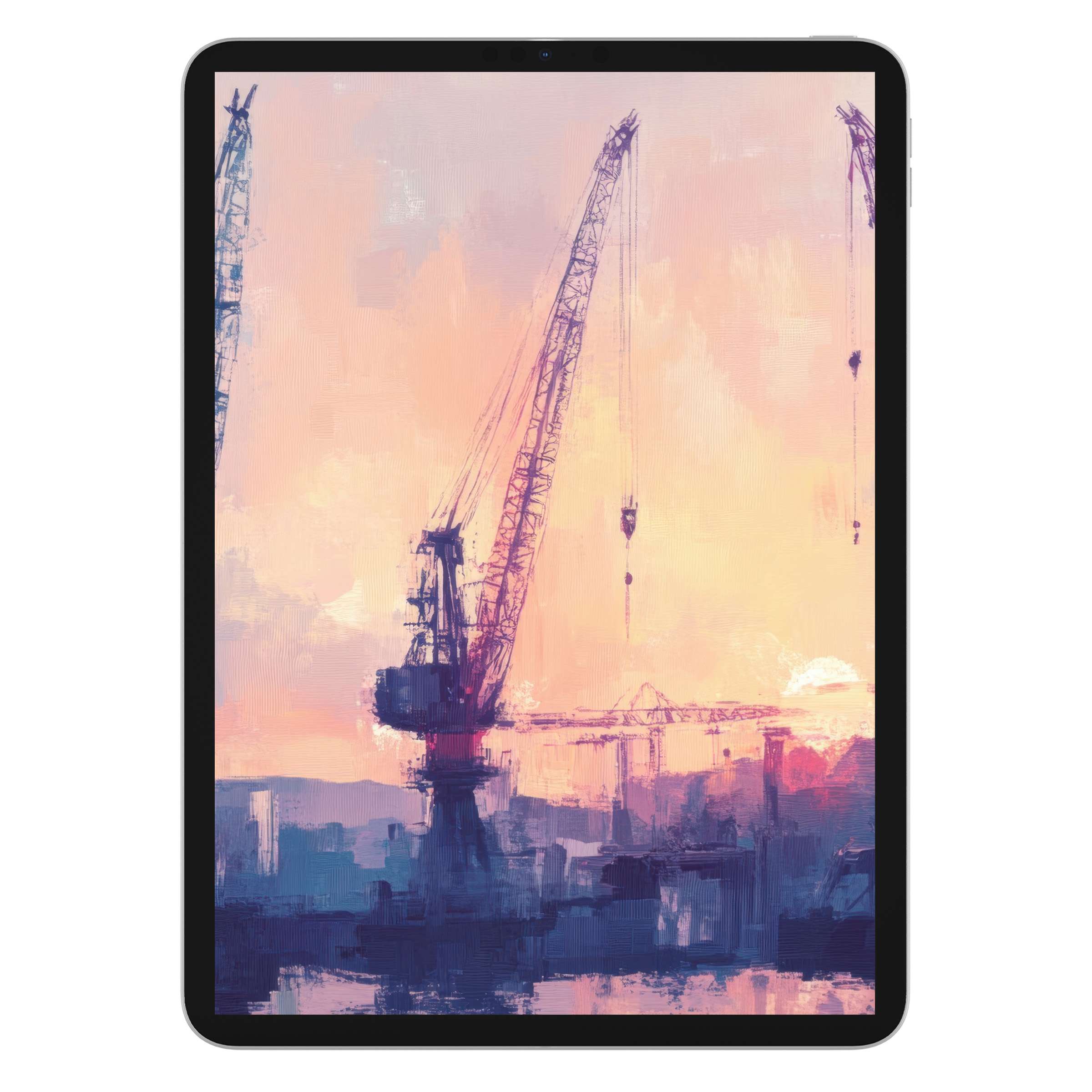 Urban art iPad wallpaper, featuring cranes at sunset with soft hues, offers a serene digital download for tablet backgrounds