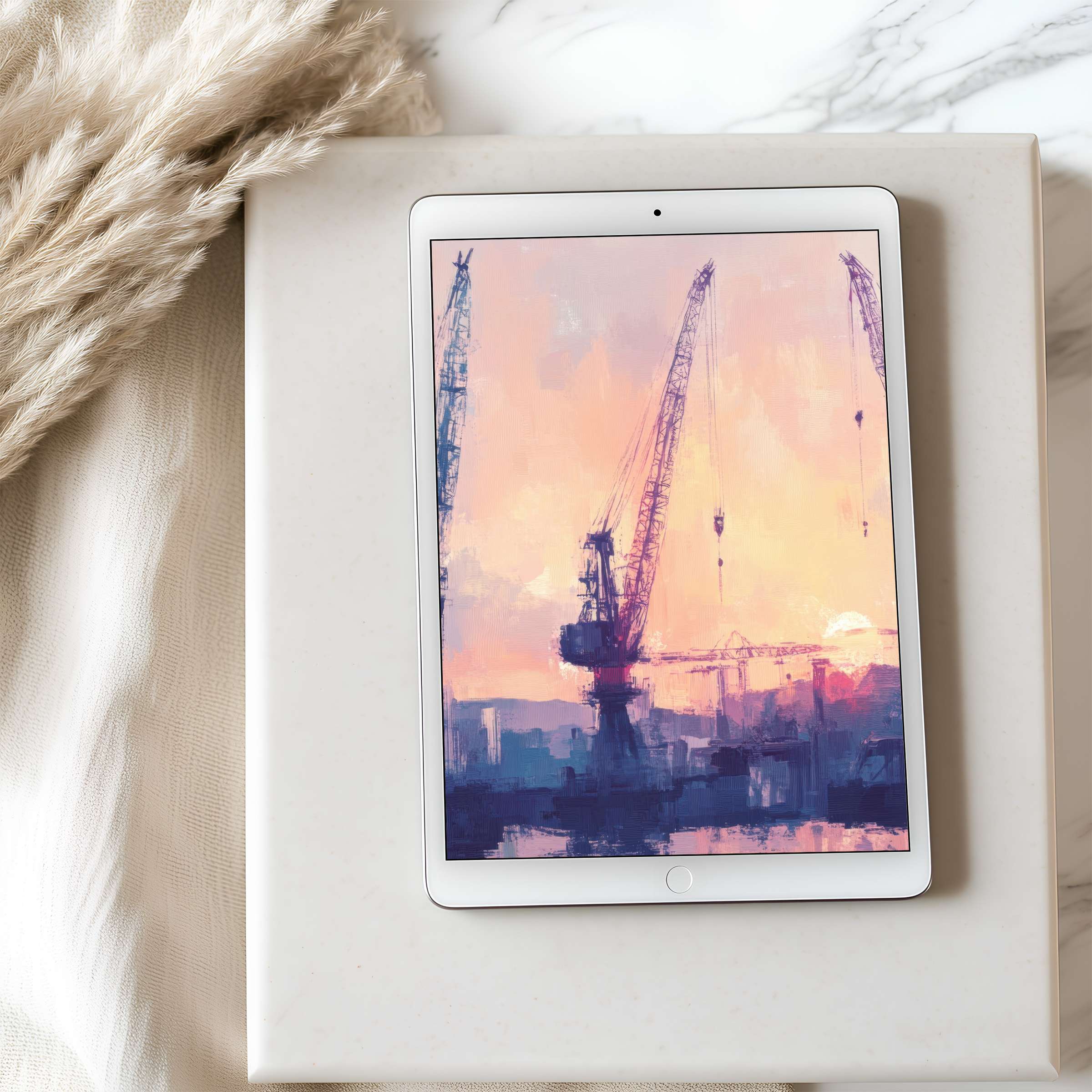 Elegant sunset-inspired tablet wallpaper with cranes in soft pinks and purples, perfect for iPad high resolution, digital download enhances tranquility