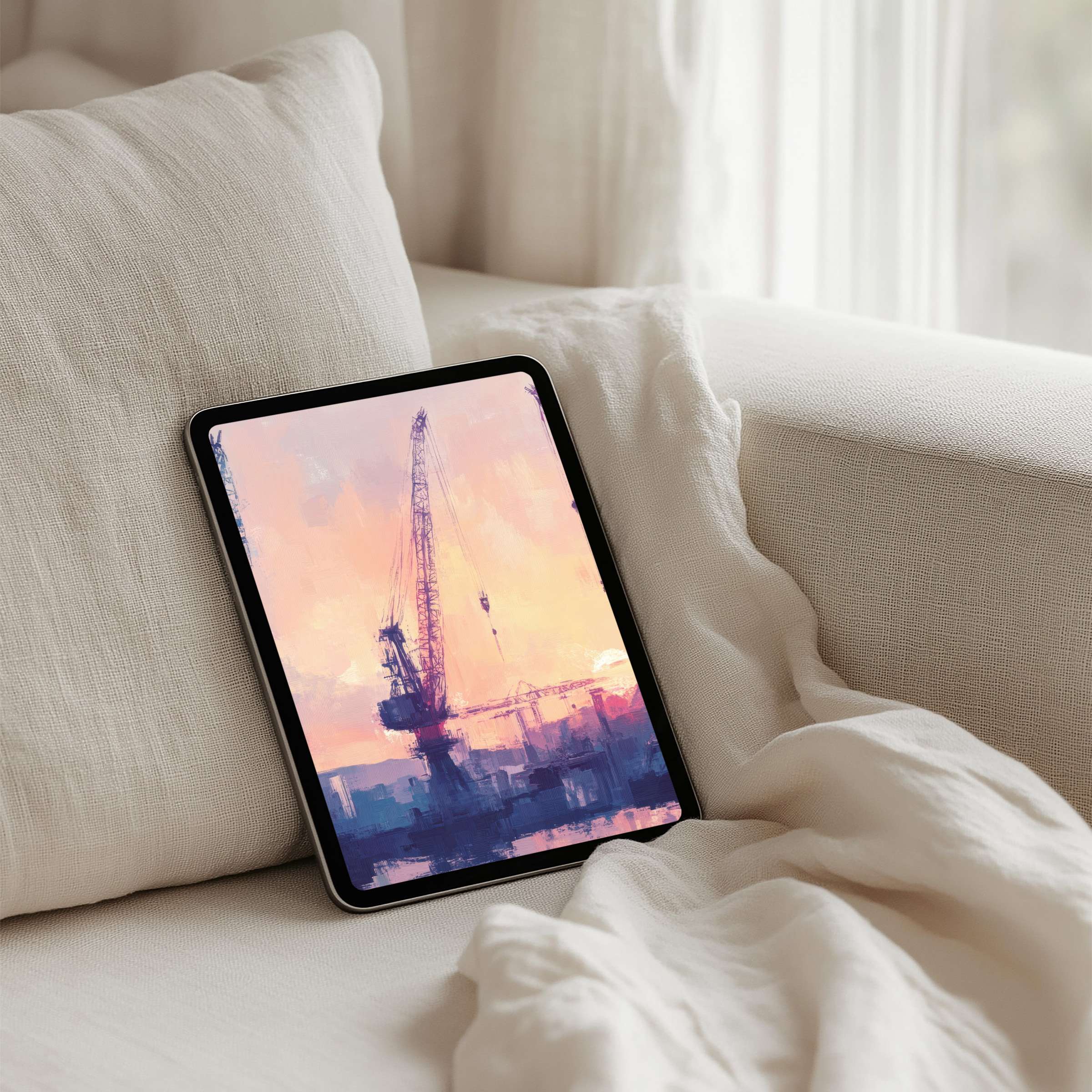 Serene sunset crane painting iPad background brings elegance and calm to your tablet, available as an instant download for mindful decor