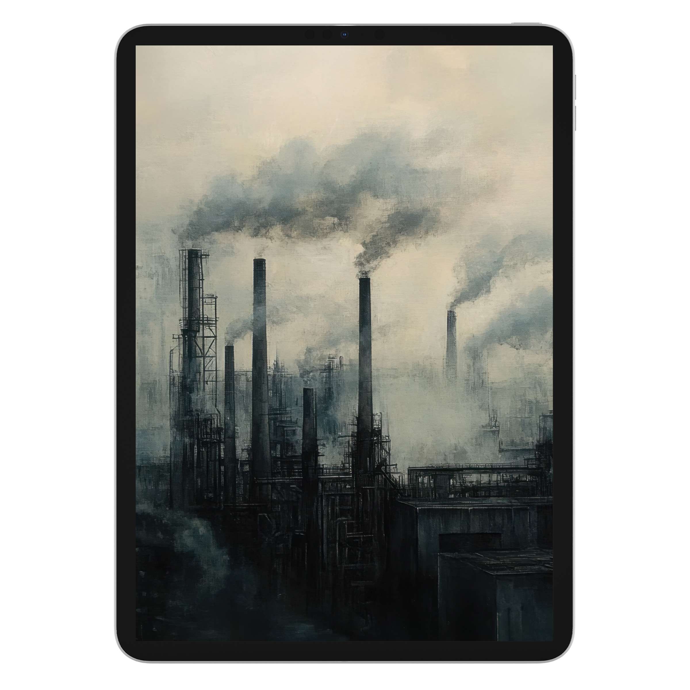 Urban art iPad wallpaper featuring industrial smokestacks in serene grays offers a soothing digital download for tablet backgrounds