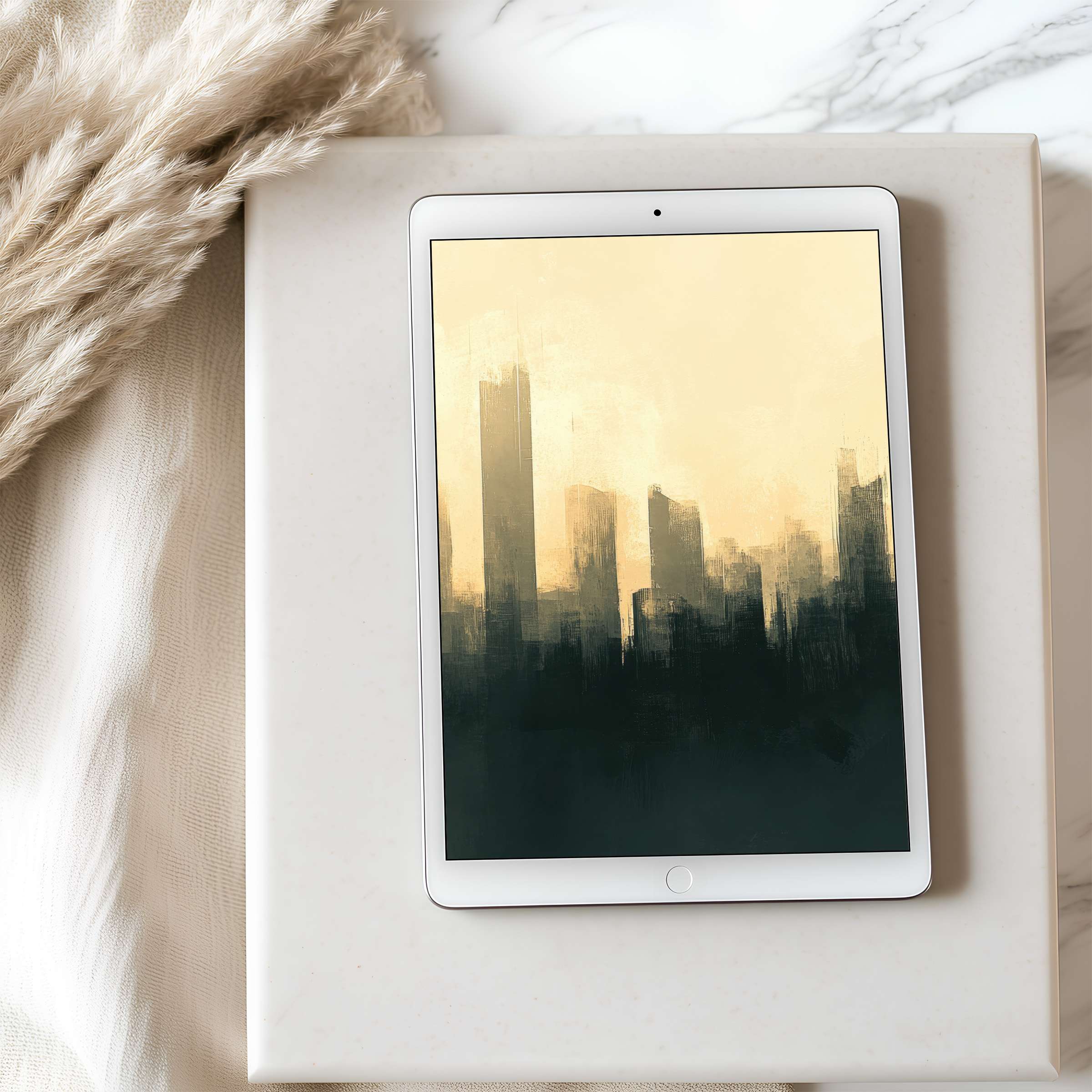 Elegant tablet wallpaper with a serene abstract cityscape in muted gold and black, curated for high resolution iPad downloads