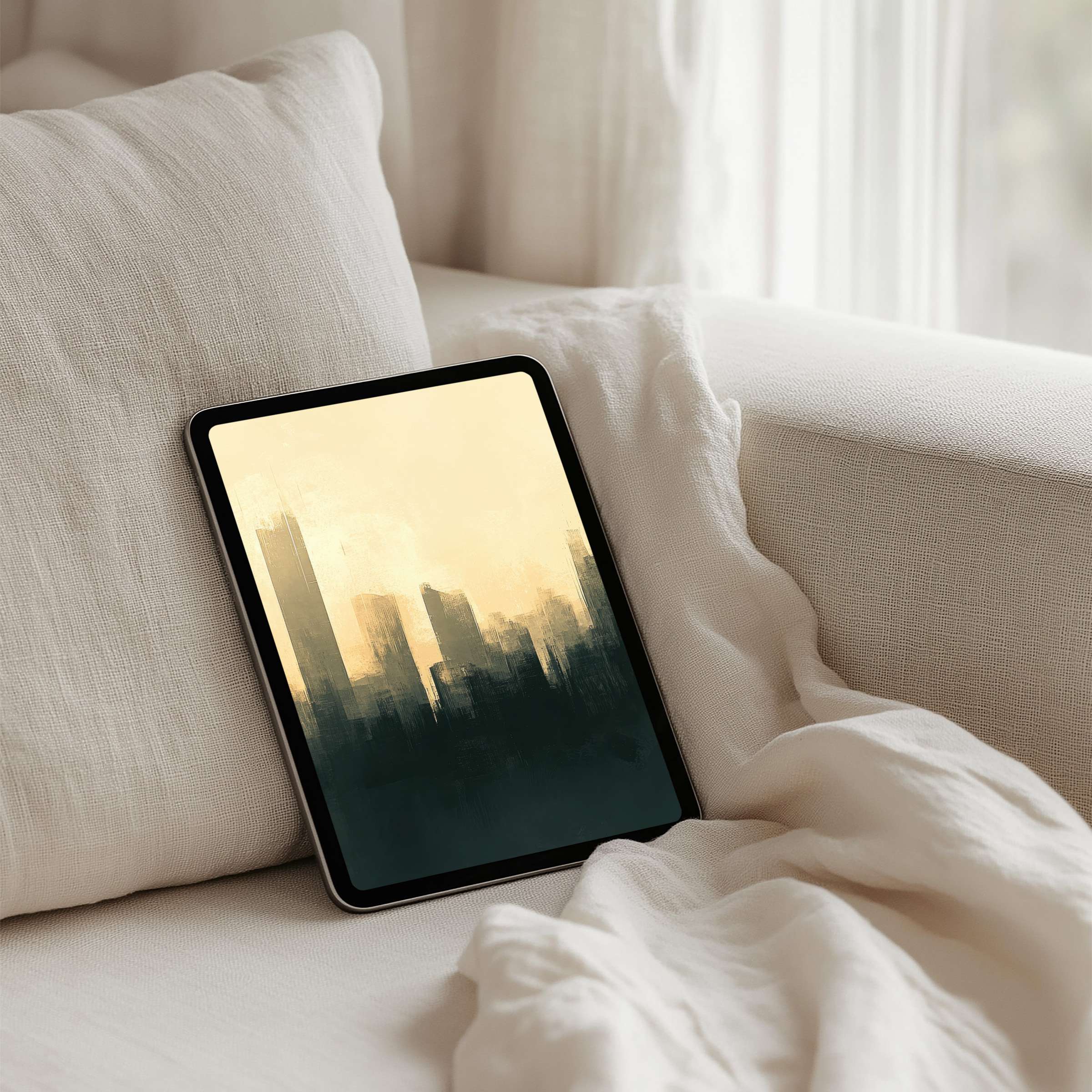 Elegant iPad background with soft cityscape art for instant download on tablet devices, inspiring calm and mindfulness in your space