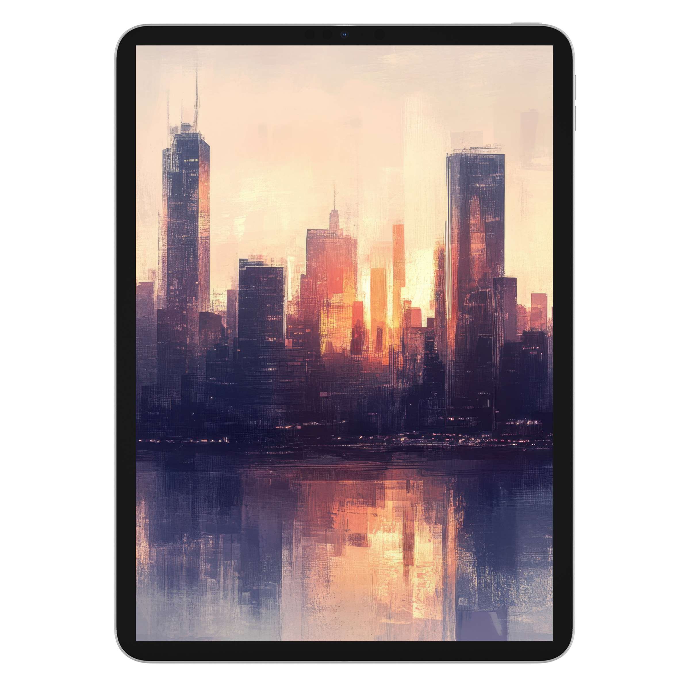 Elegant urban art iPad wallpaper with a serene sunset cityscape, perfect digital download for tablet background lovers seeking calm