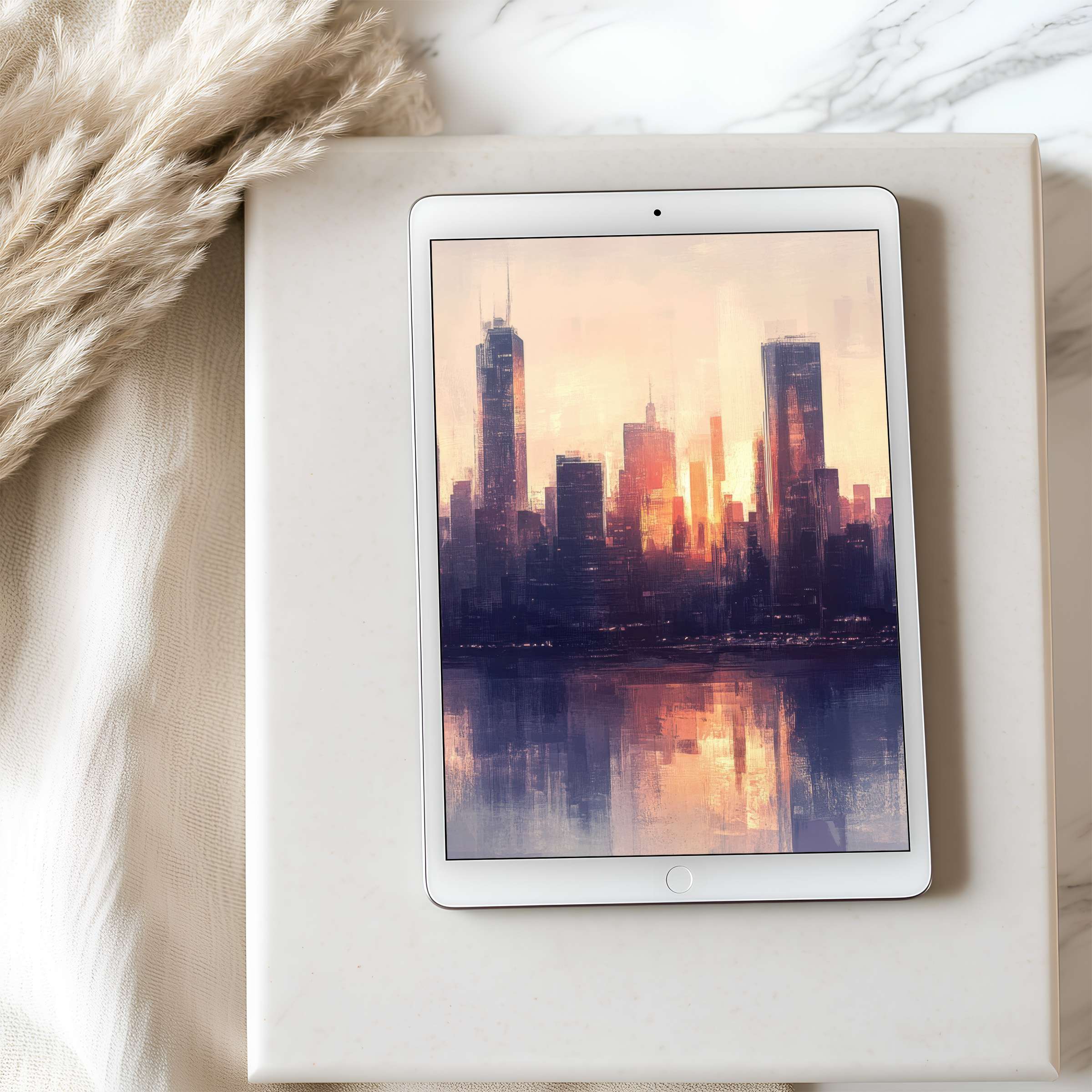 Elegant cityscape tablet wallpaper in warm sunset hues, offering high-resolution serenity and perfect fit for iPad and Android tablets