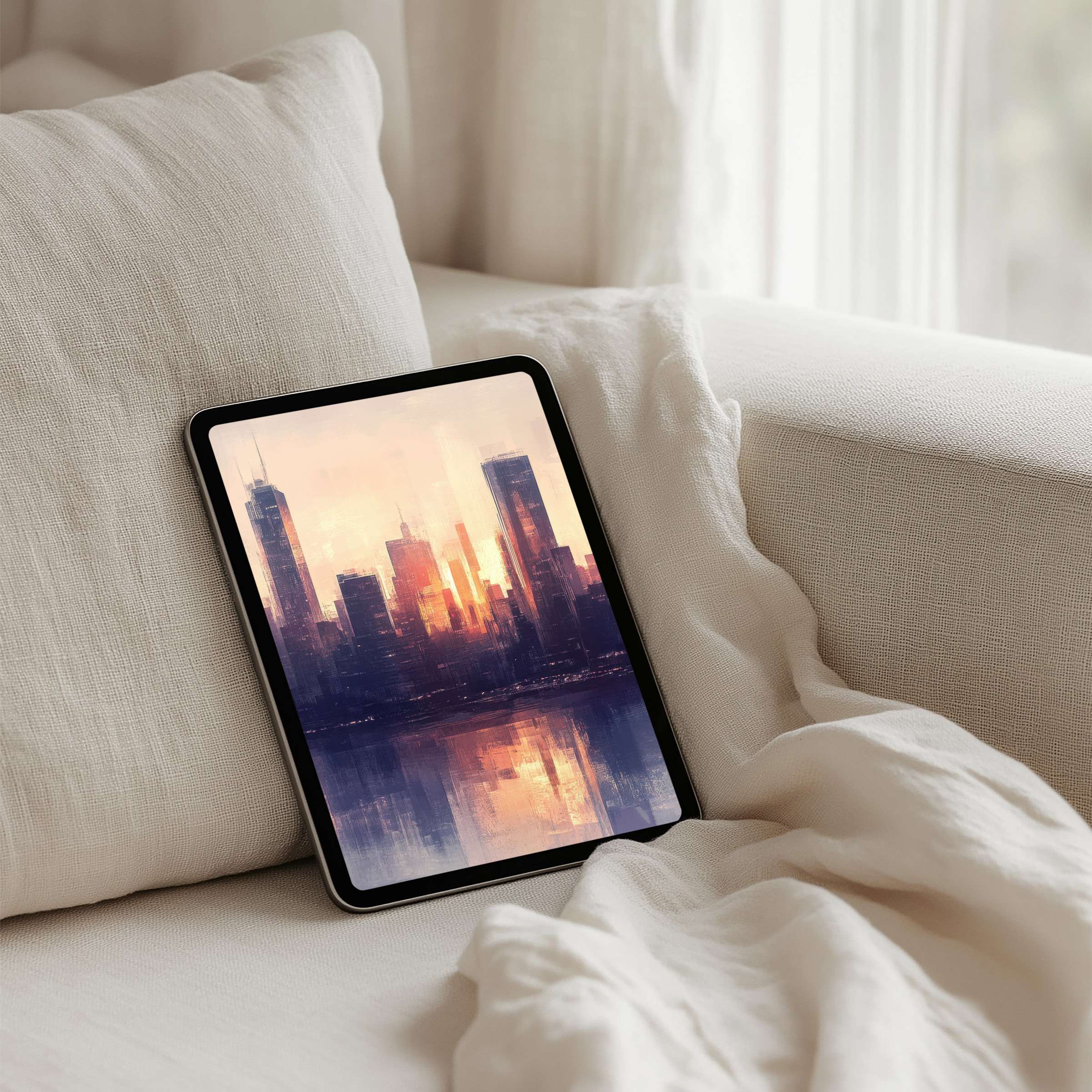 Elegant iPad background featuring a serene cityscape in warm hues, perfect for tablets, offering instant download for mindful aesthetics