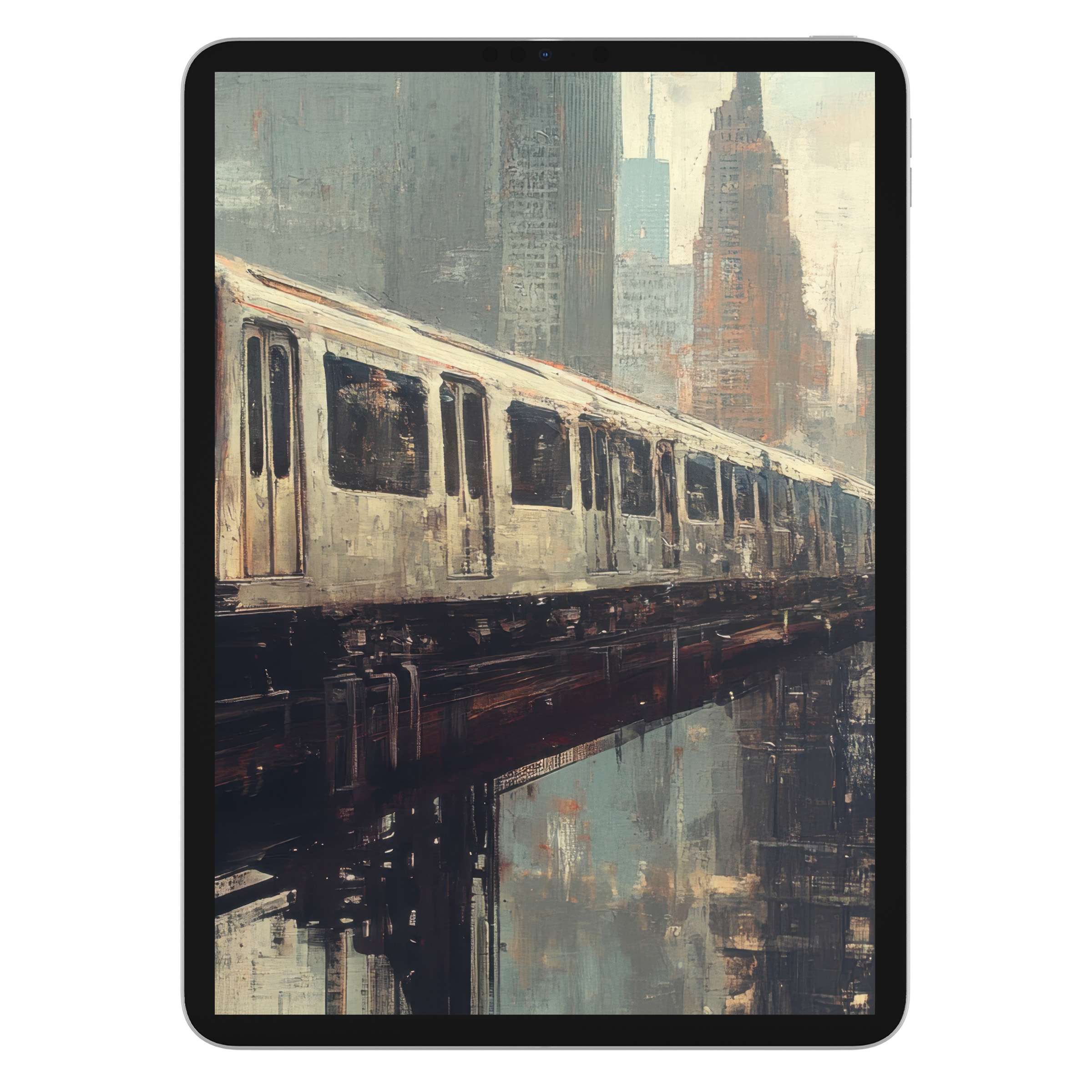Urban art iPad wallpaper featuring a serene train scene with muted city tones, ideal tablet background for digital download