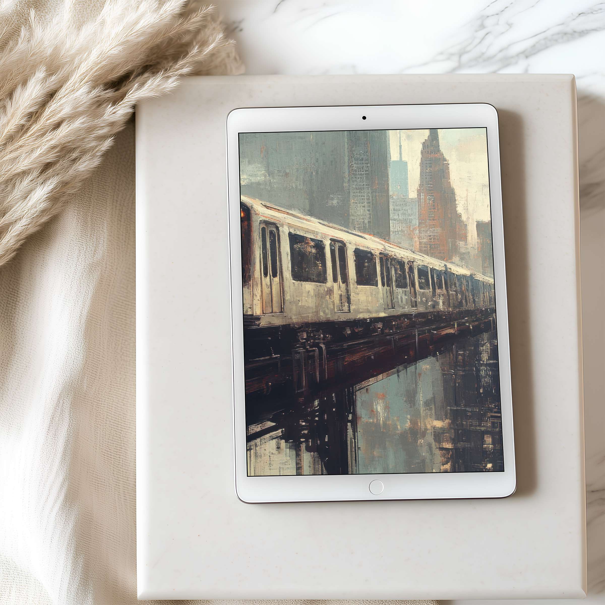 Elegant tablet wallpaper features a serene urban train scene, perfect for high resolution digital download on iPad and Android tablets