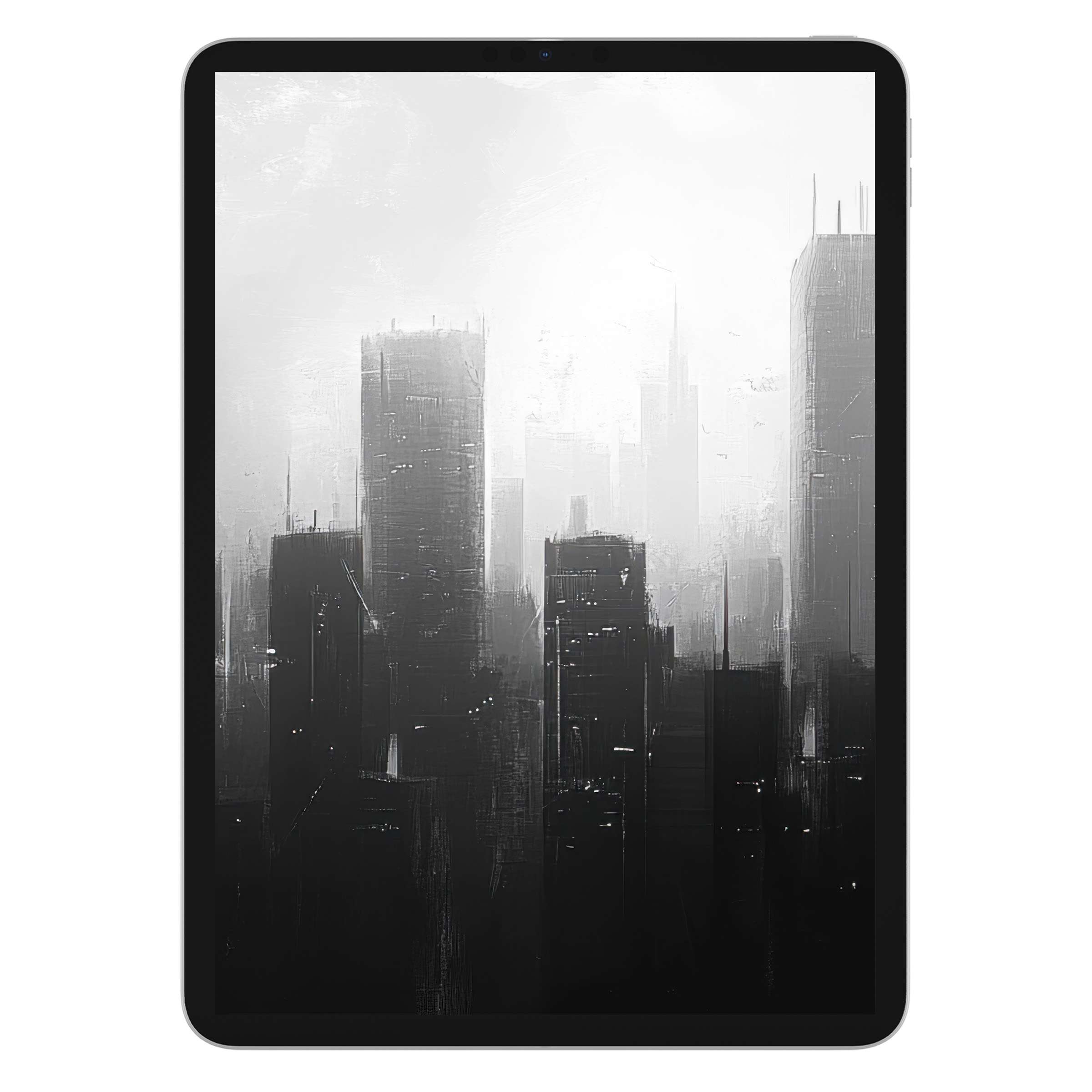 Urban art iPad wallpaper featuring a monochrome cityscape, perfect digital download, ideal tablet background for calm elegance