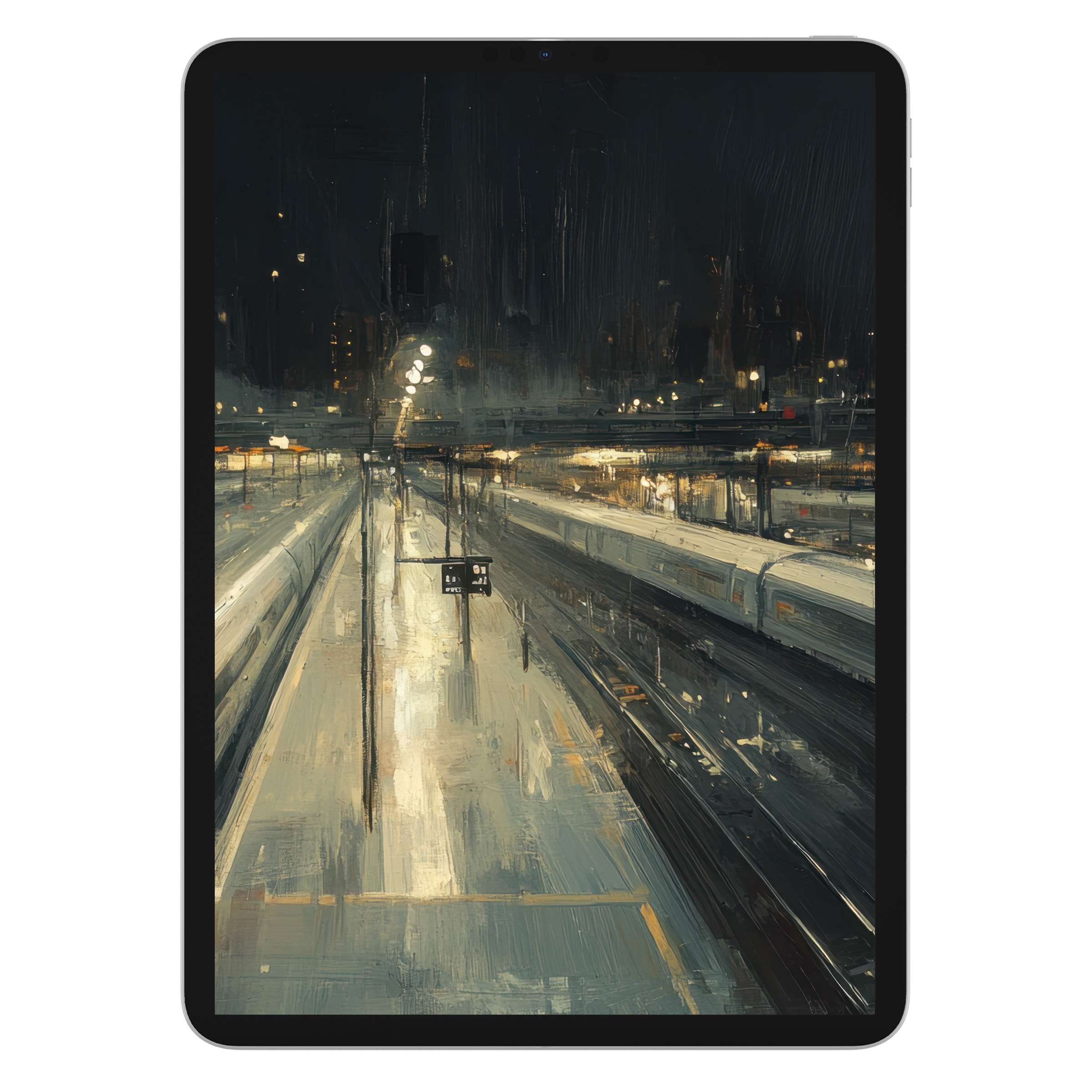 Urban art iPad wallpaper in moody night scene with trains evokes calm sophistication for tablet backgrounds digital download