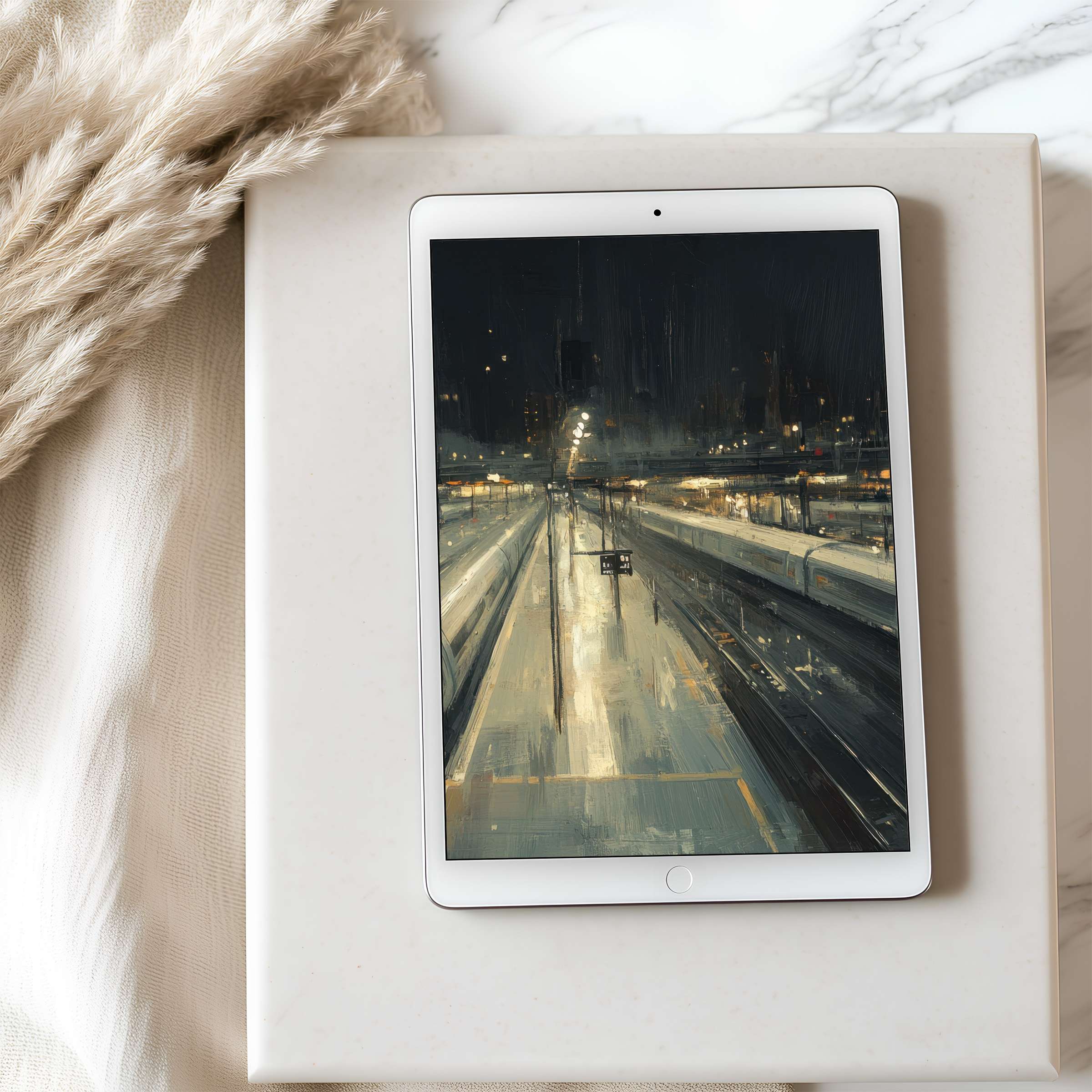 Night train station tablet wallpaper in elegant brushstroke style, perfect for iPad and Android tablets, digital download for calm ambiance