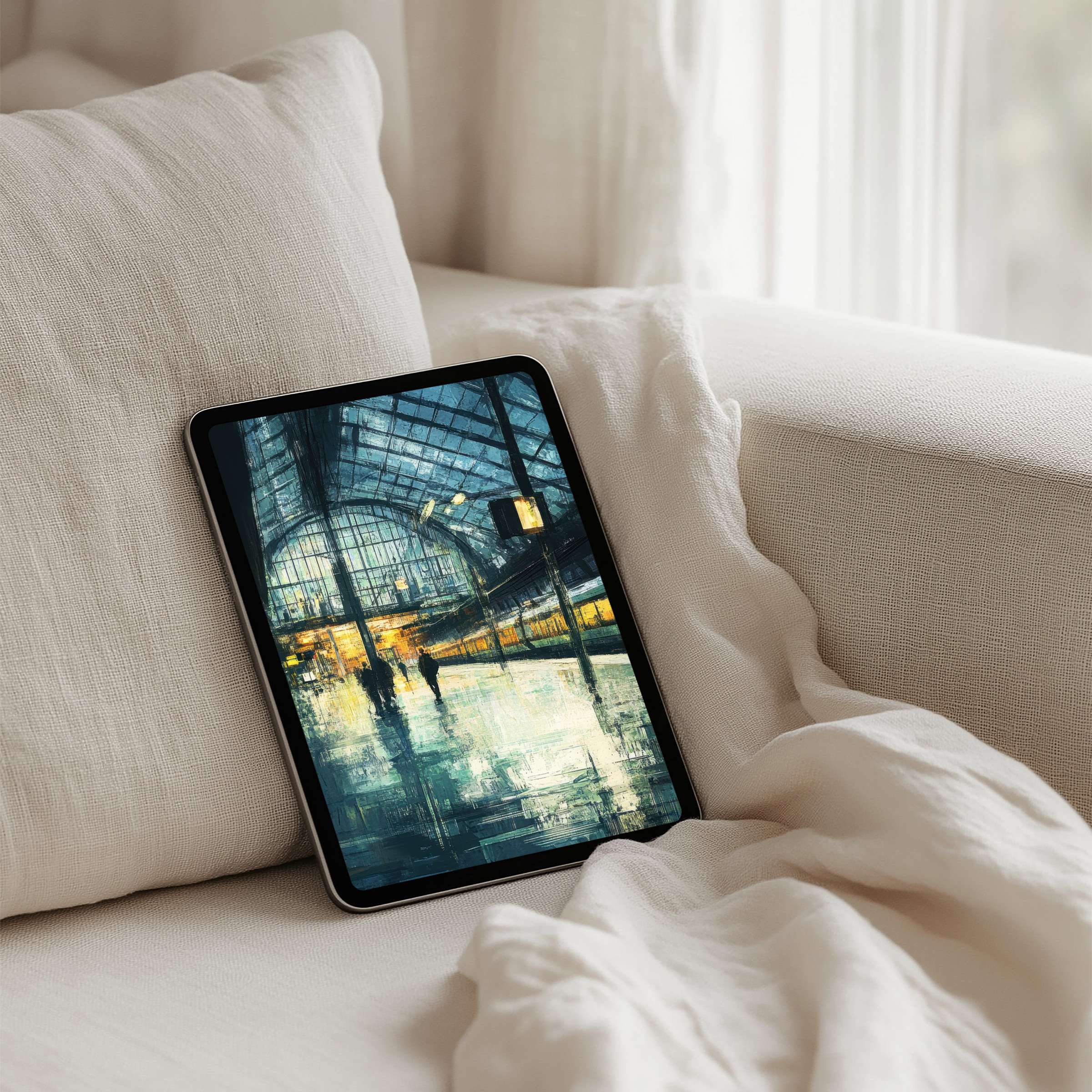 Elegant iPad background featuring a serene train station in soft hues offers instant download for tablet users seeking inspiration
