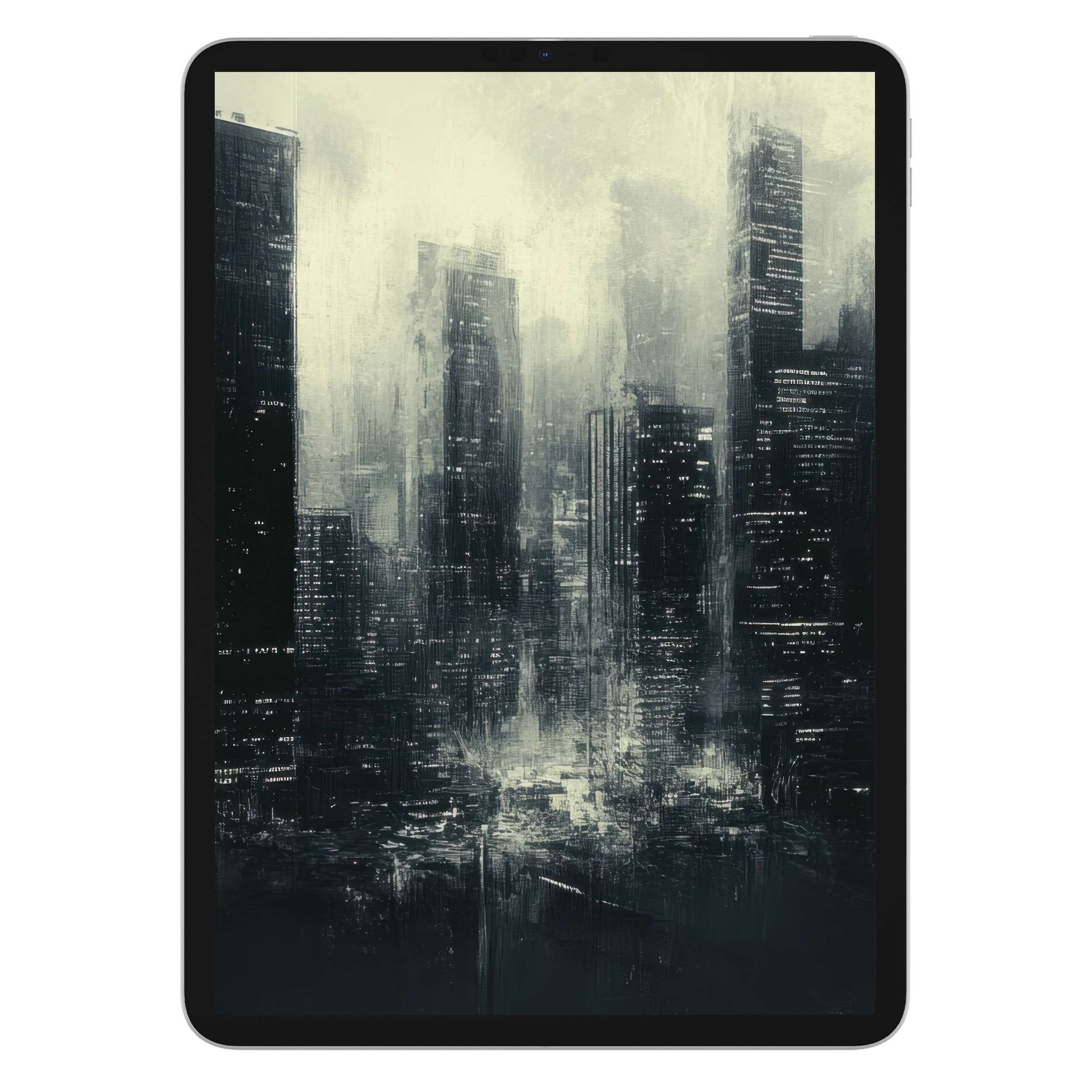 Urban art iPad wallpaper in grayscale cityscape with textured elegance ideal for a calming digital download background on tablets