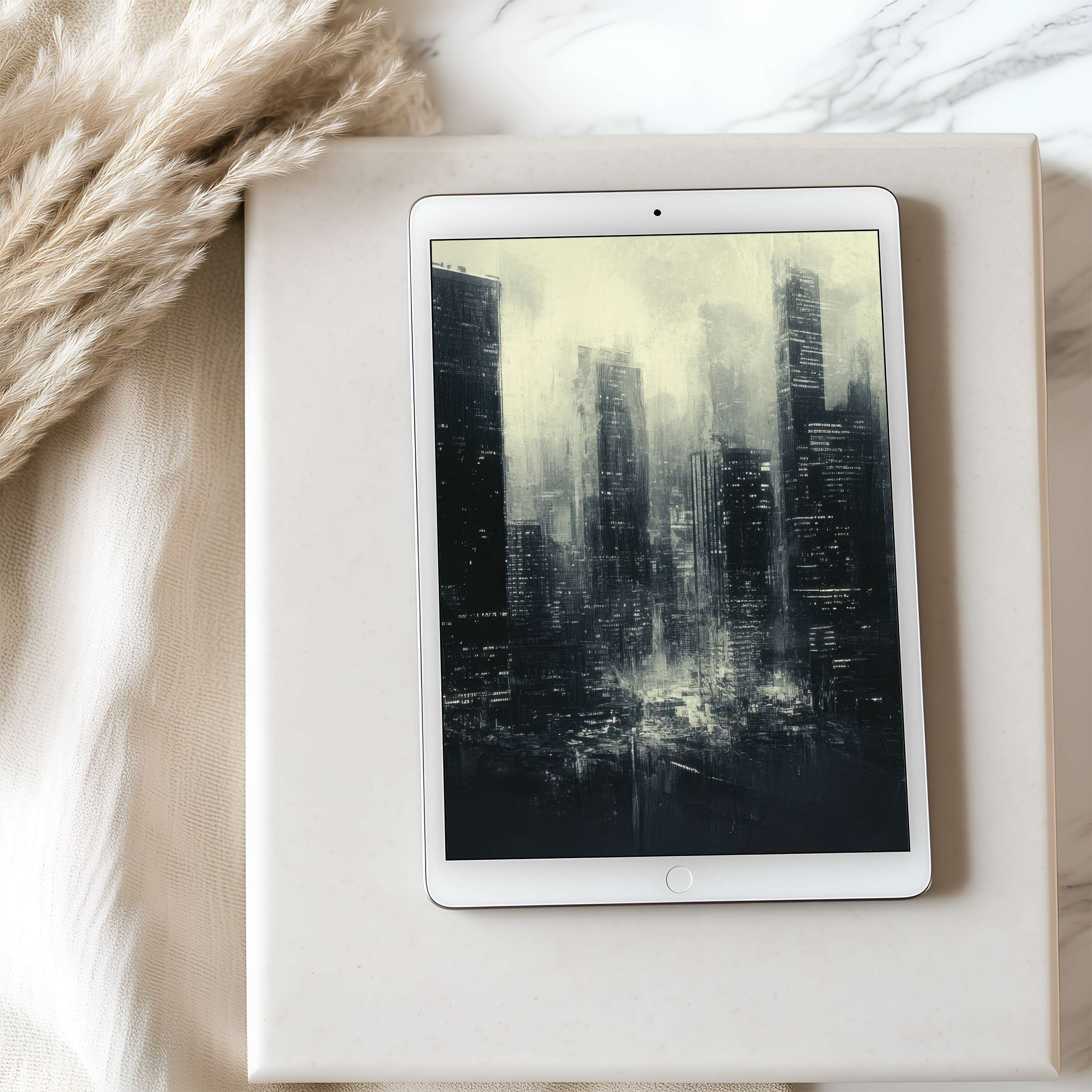 Serene black and white cityscape tablet wallpaper for iPad and Android tablets, perfect for a high resolution digital download