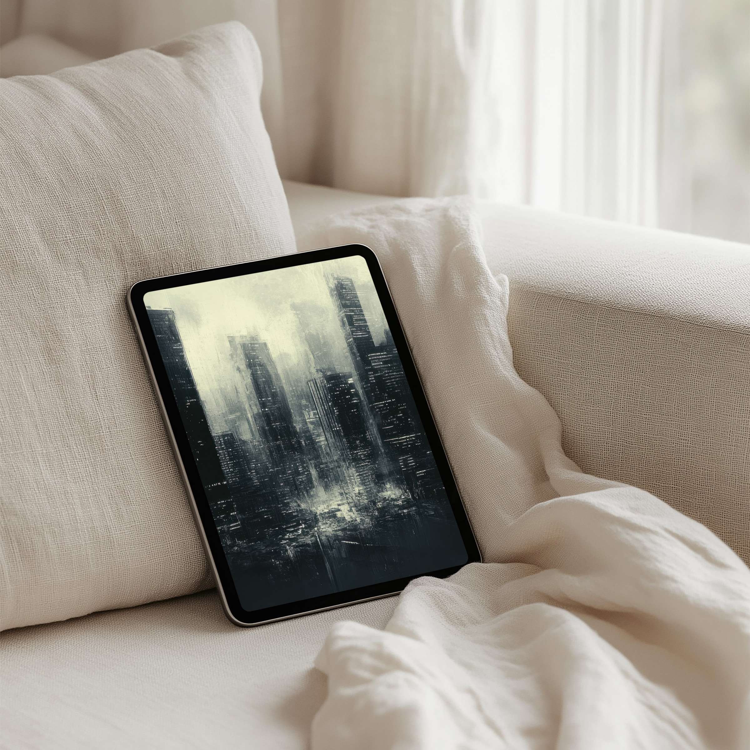 Elegant abstract cityscape iPad background in soothing monochrome tones for instant download to fit any tablet for mindfulness and calm