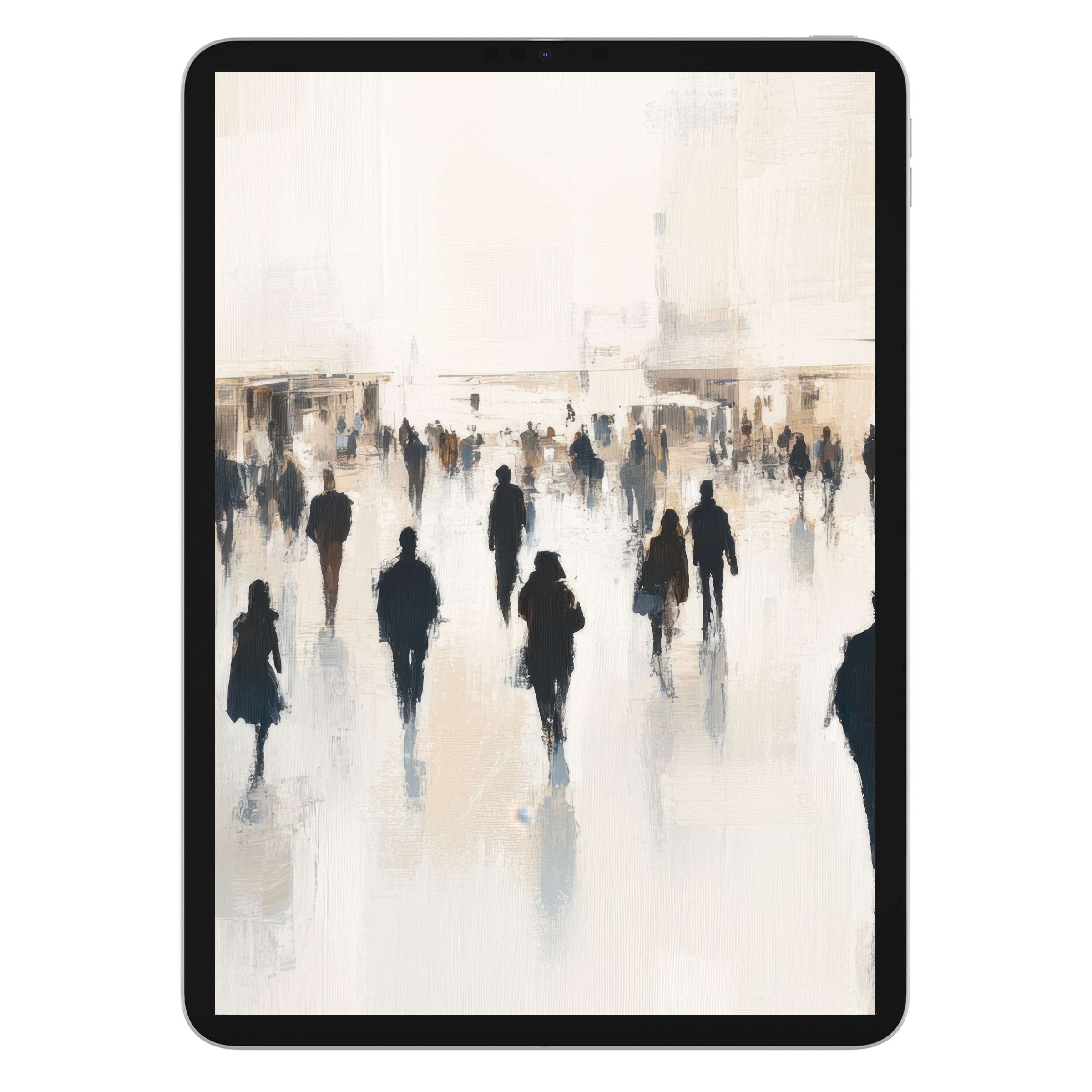Urban art iPad wallpaper features a serene, abstract city crowd in muted tones, perfect digital download for tablet backgrounds