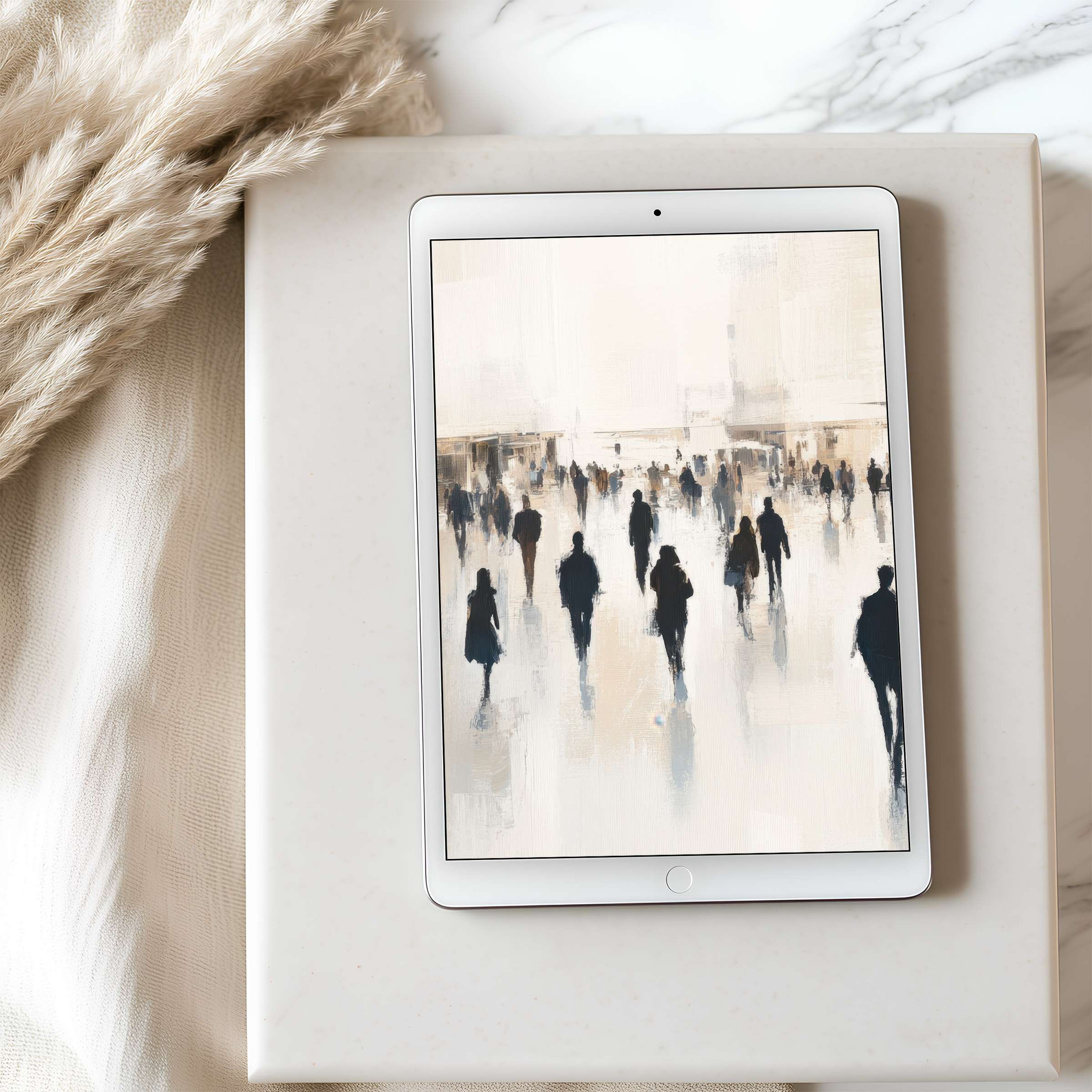 Elegant tablet wallpaper showcasing abstract city silhouettes in soft tones, perfect high-resolution digital download for iPad users seeking serenity