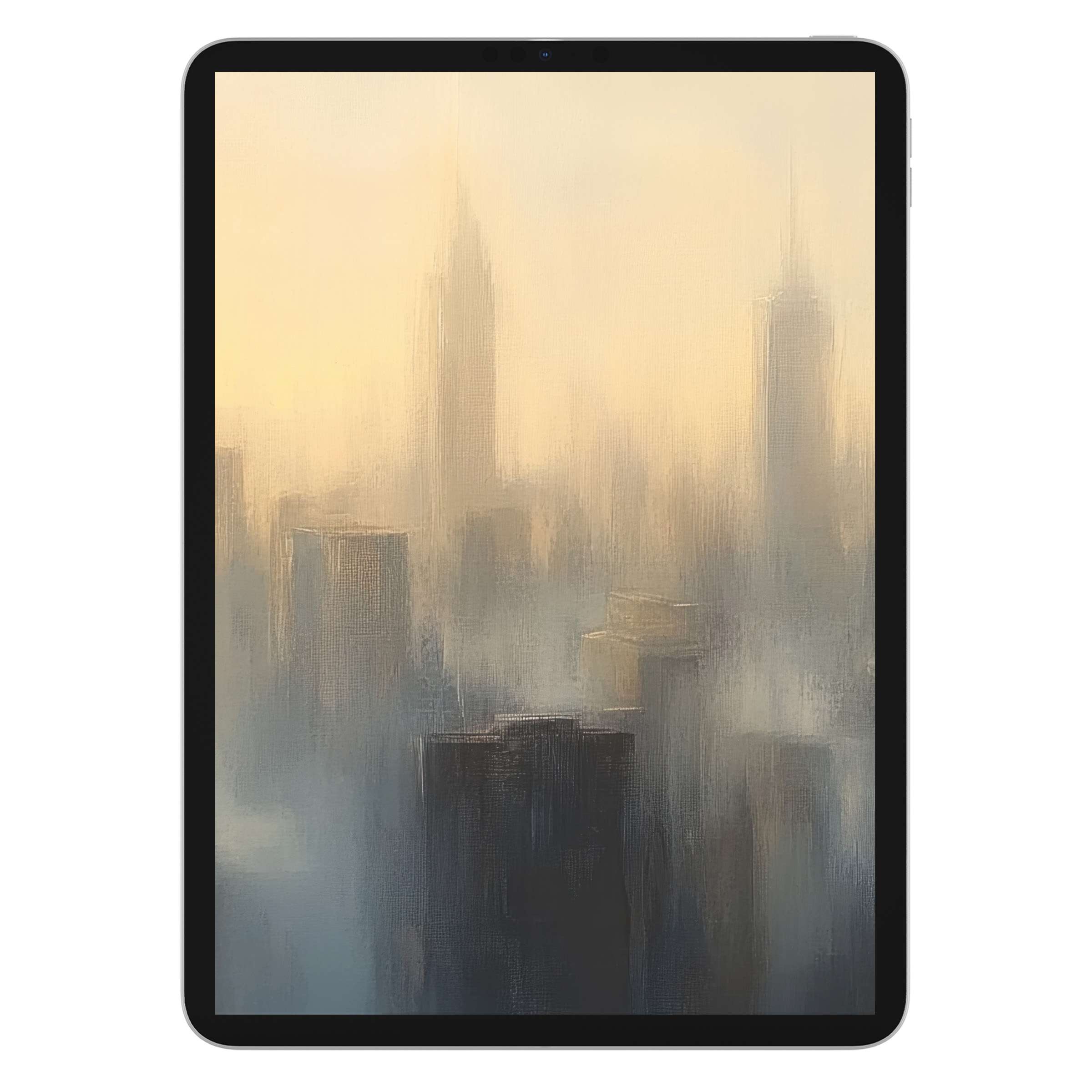 Urban art iPad wallpaper digital download featuring a serene soft-focus cityscape background in warm tones ideal for tablets